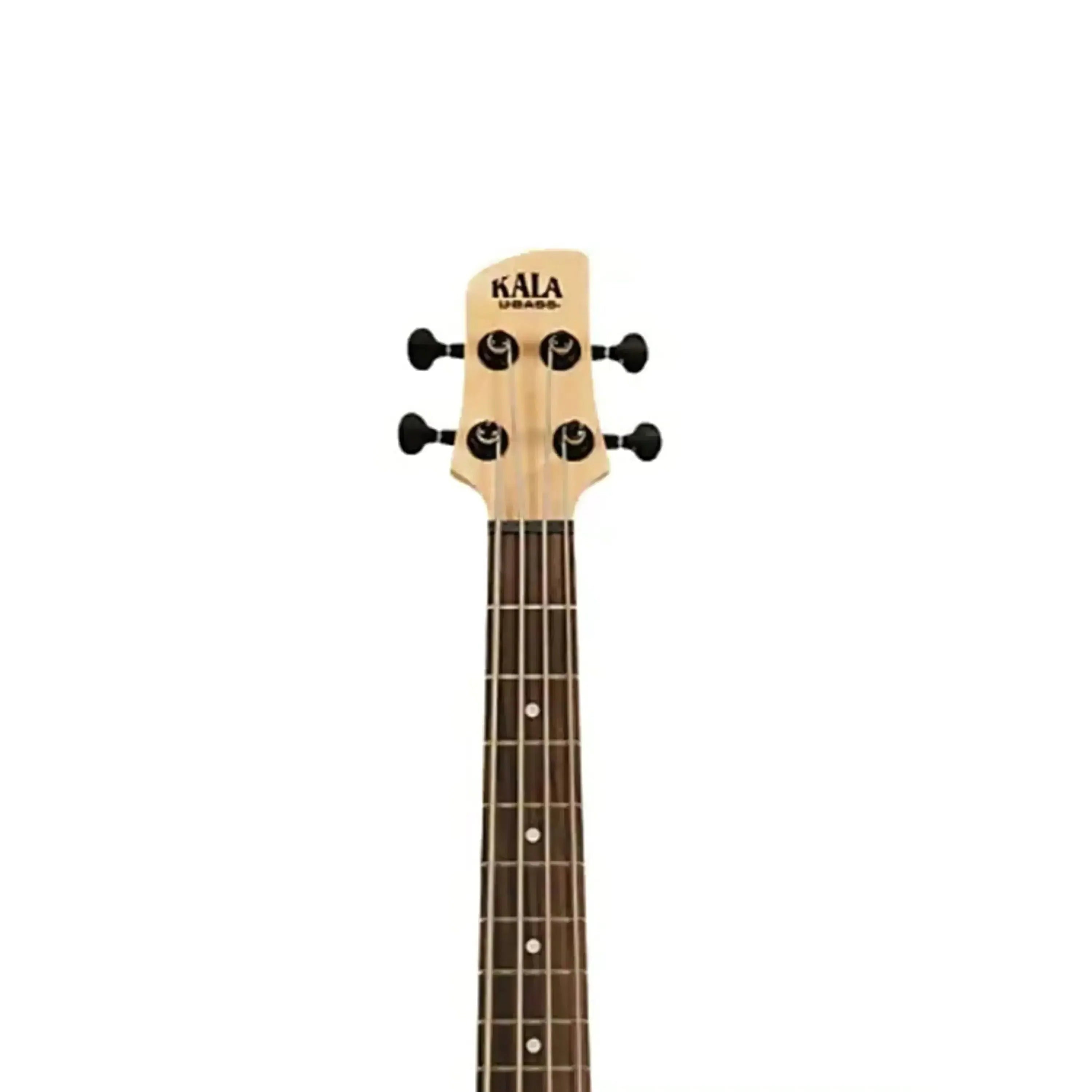 Kala U•BASS headstock and fretboard with black tuners, light wood, and dark frets.