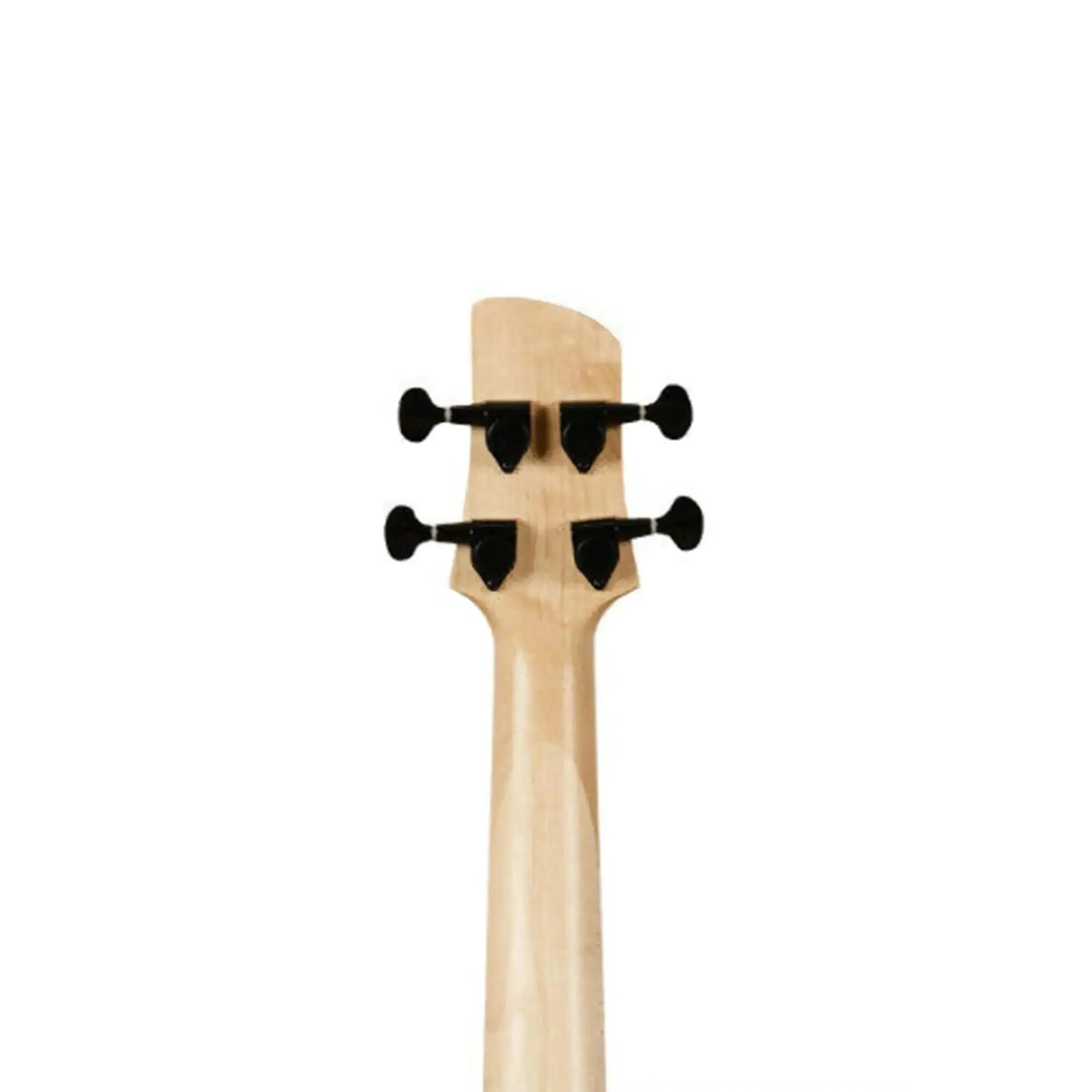Back of a Kala U•BASS headstock and neck, light wood with four black tuners.