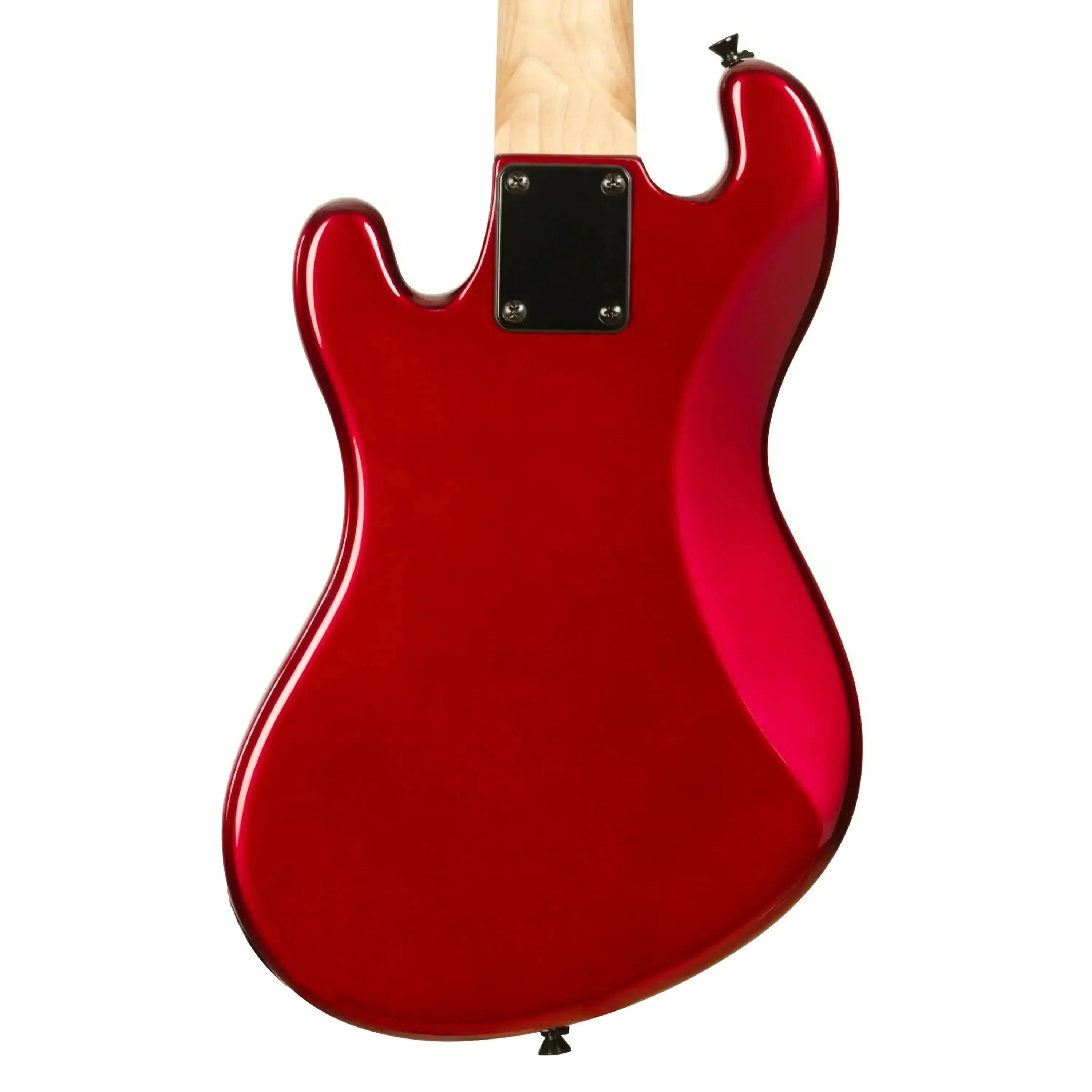 Back of a glossy Kala Candy Red Solid Body Fretted U•BASS with a light maple neck.
