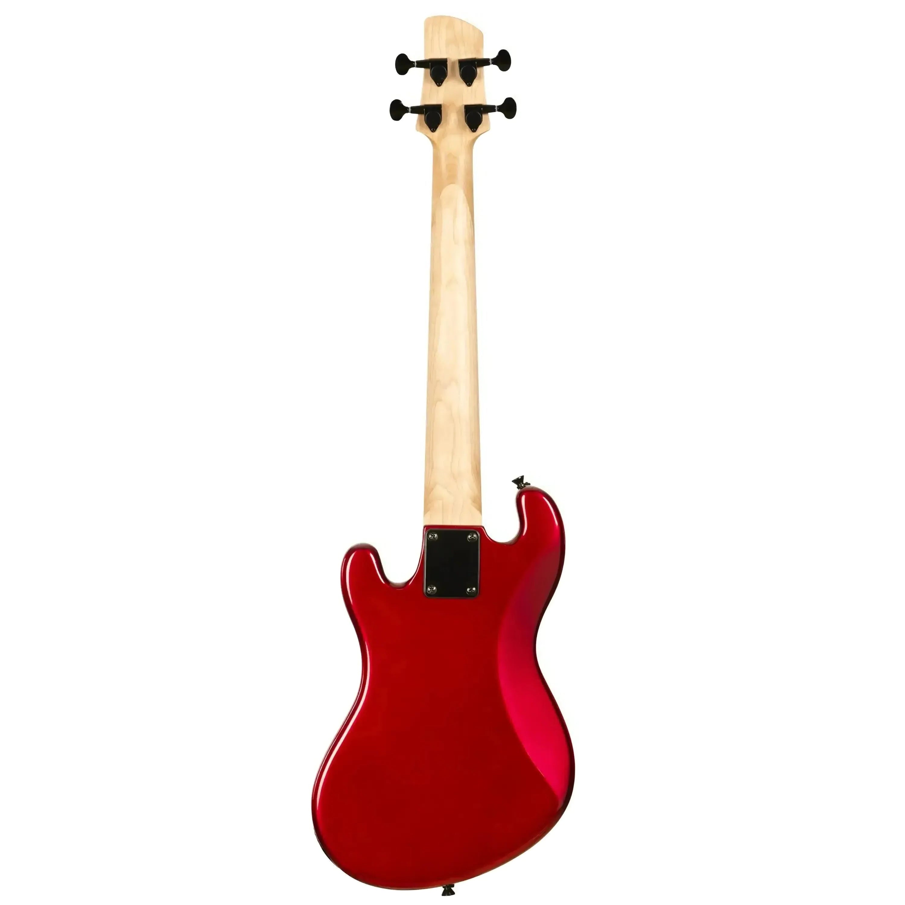 Kala Candy Red Solid Body Fretted U•BASS, back view, with maple neck and black tuning pegs.