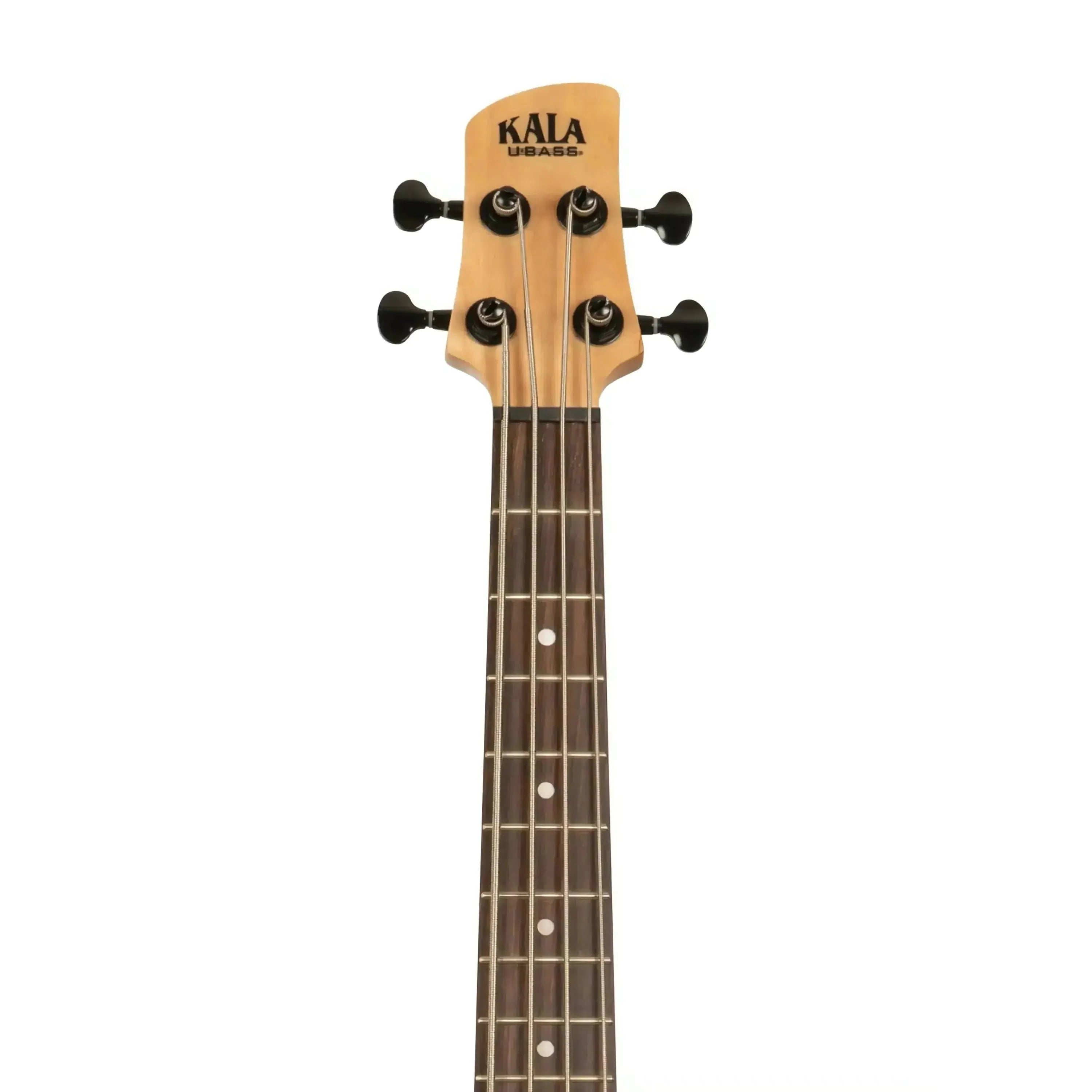 Kala U•BASS headstock and fretboard with black tuning pegs and white dot inlays.