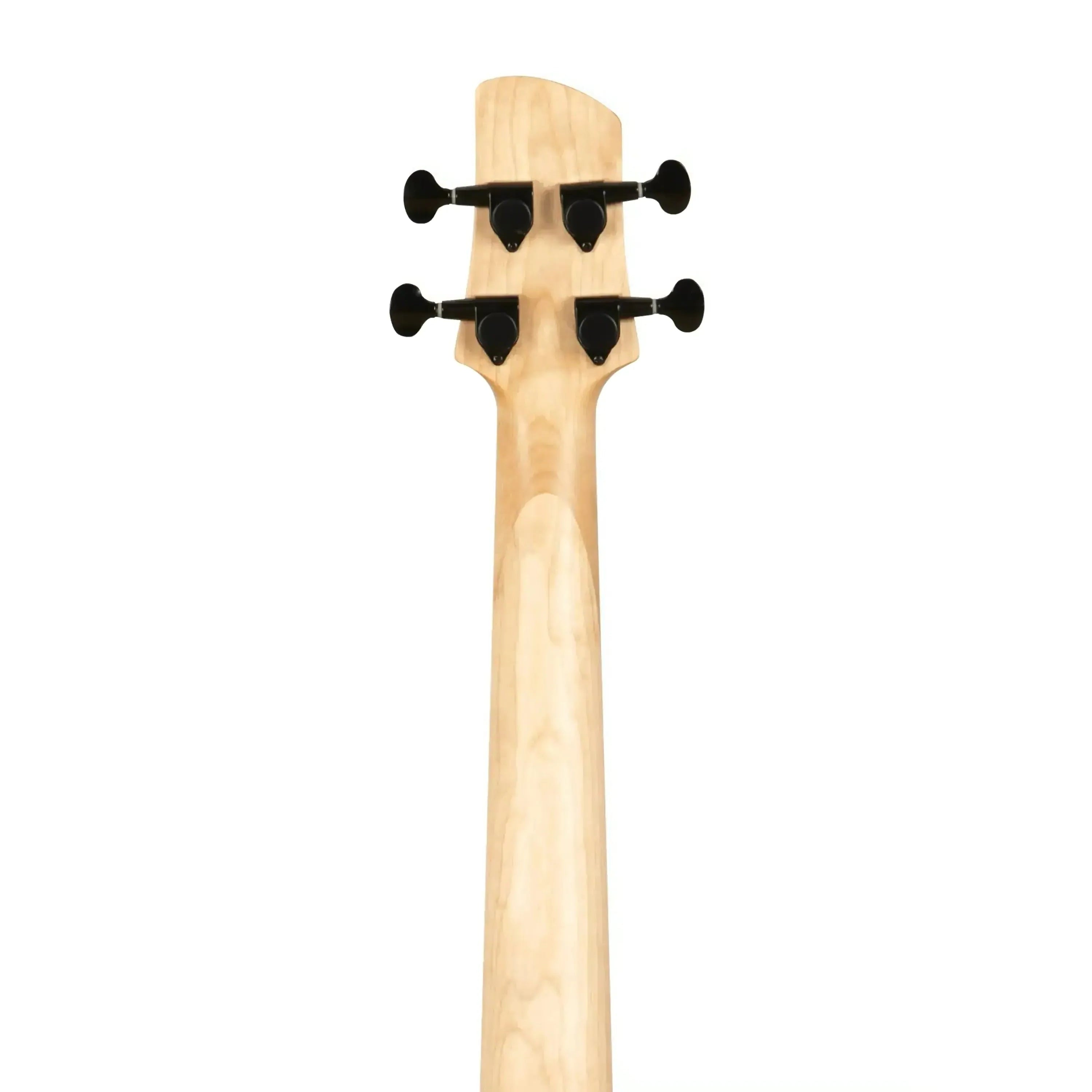 Back of a Kala U•BASS maple neck and headstock with four black tuning pegs.