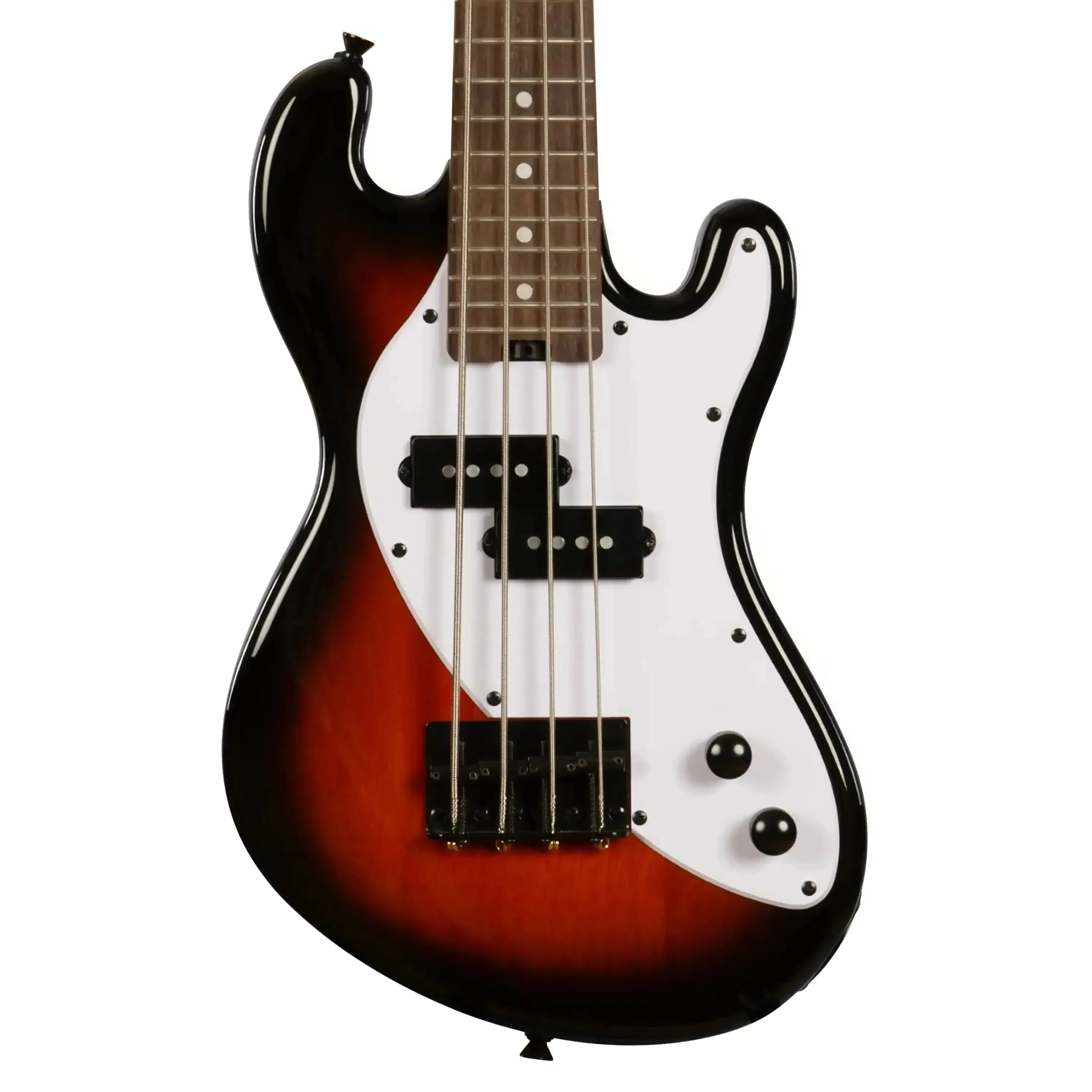 Kala UBASS-SB-TB-FS Tobacco Burst Solid Body Fretted U•BASS with white pickguard and mother-of-pearl inlays.