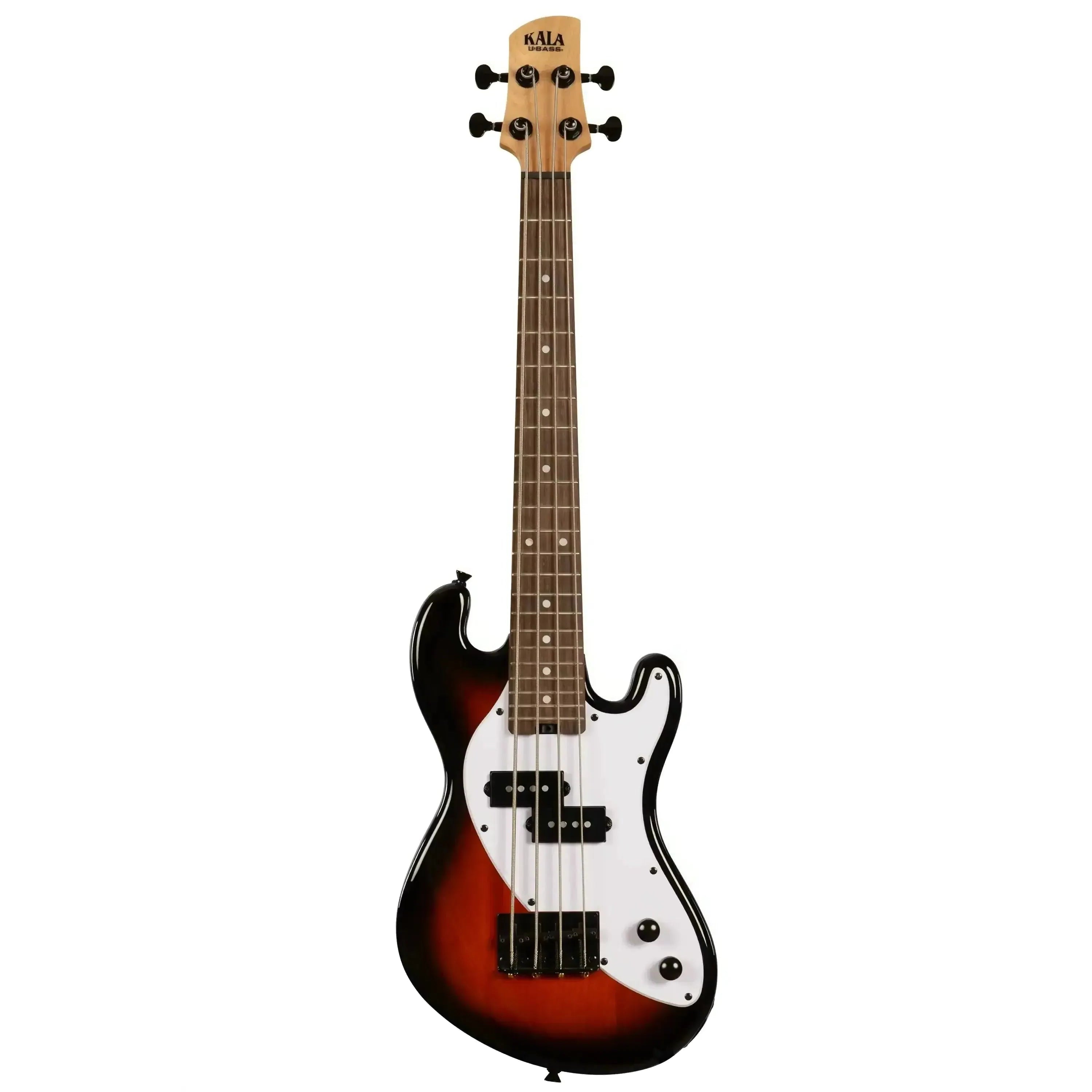 Kala UBASS-SB-TB-FS Tobacco Burst Solid Body Fretted U•BASS with white pickguard and black pickups.