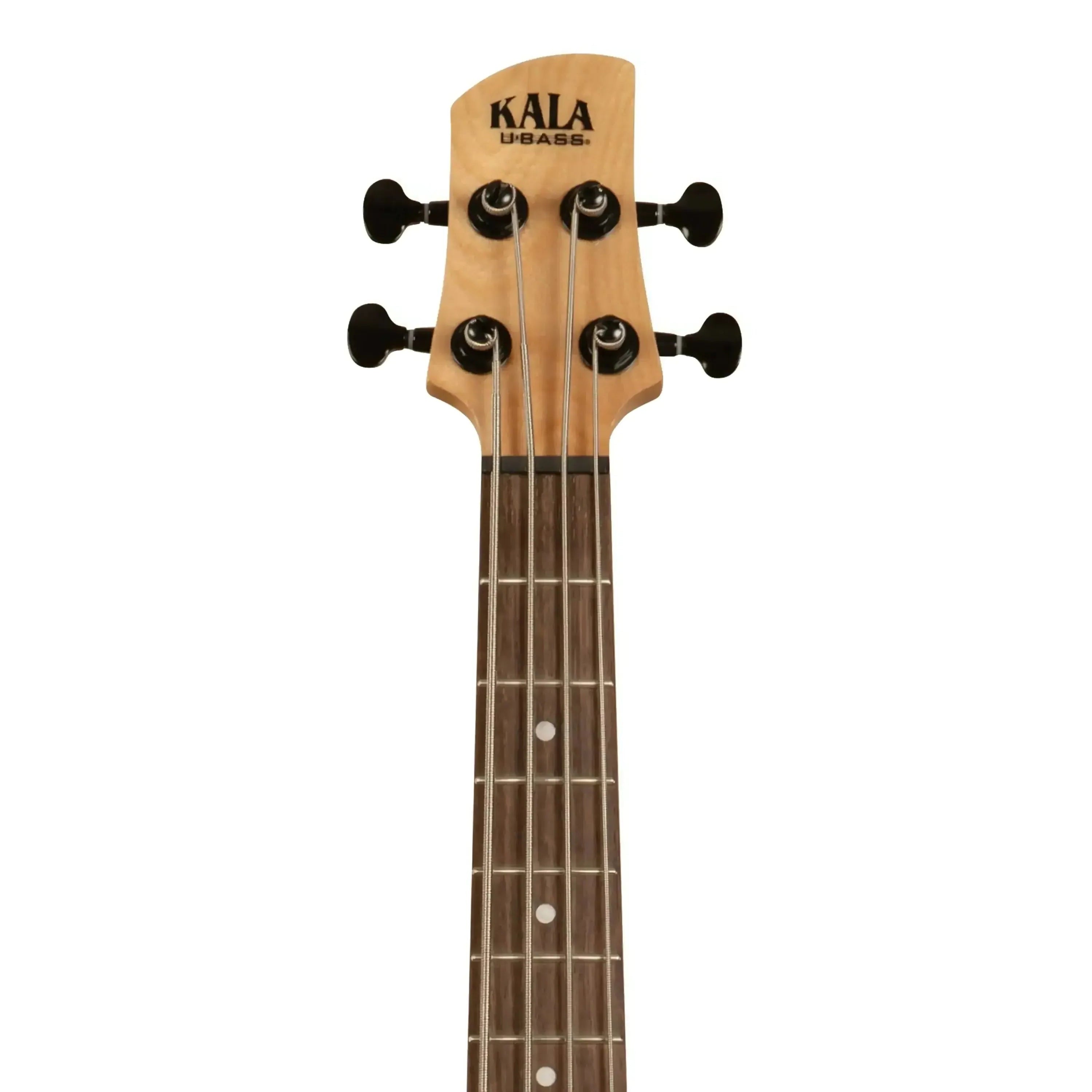 Kala U•BASS headstock with light wood, black tuners, and dark fretboard.