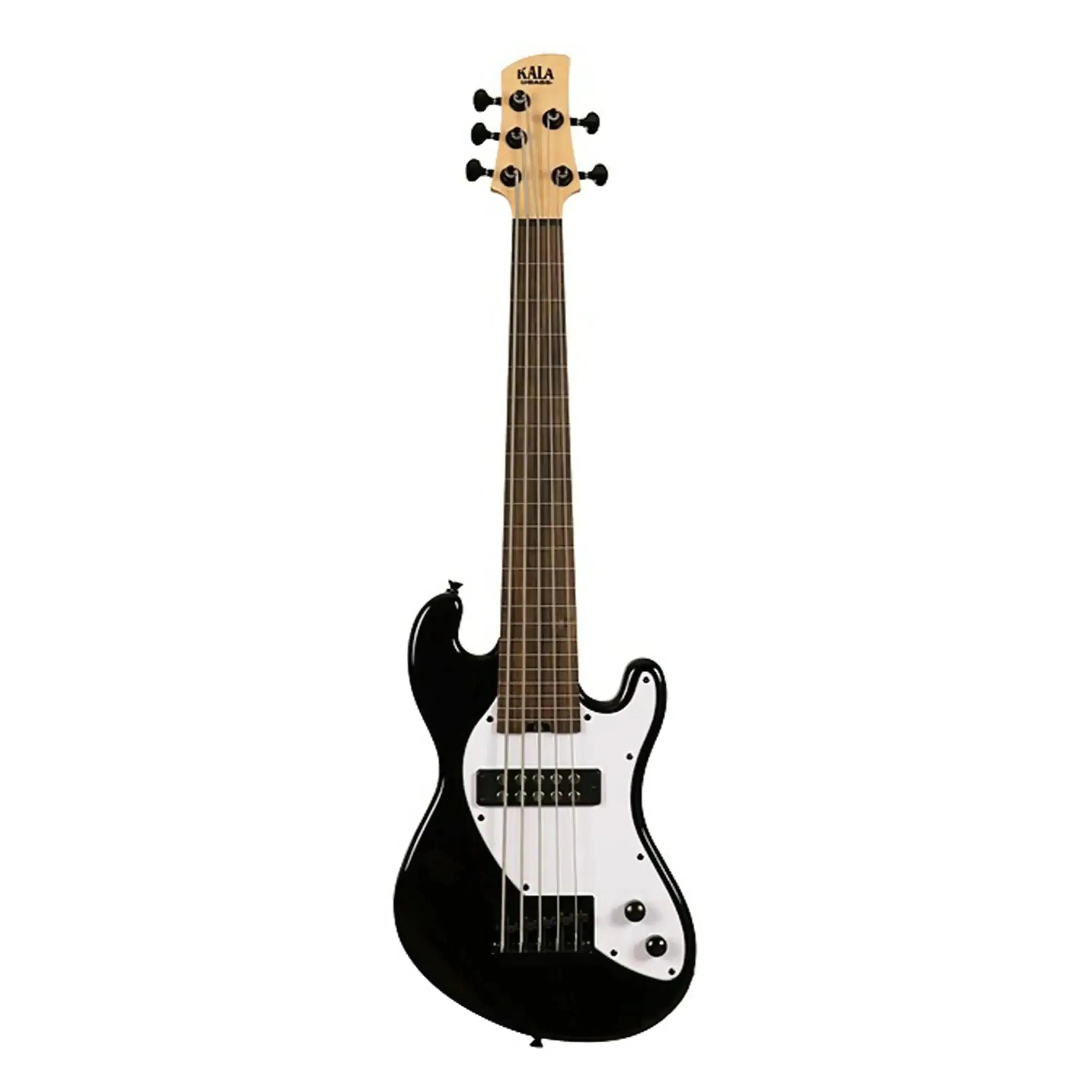 Kala Jet Black Solid Body Fretless 5-String U•BASS with white pickguard and maple neck.
