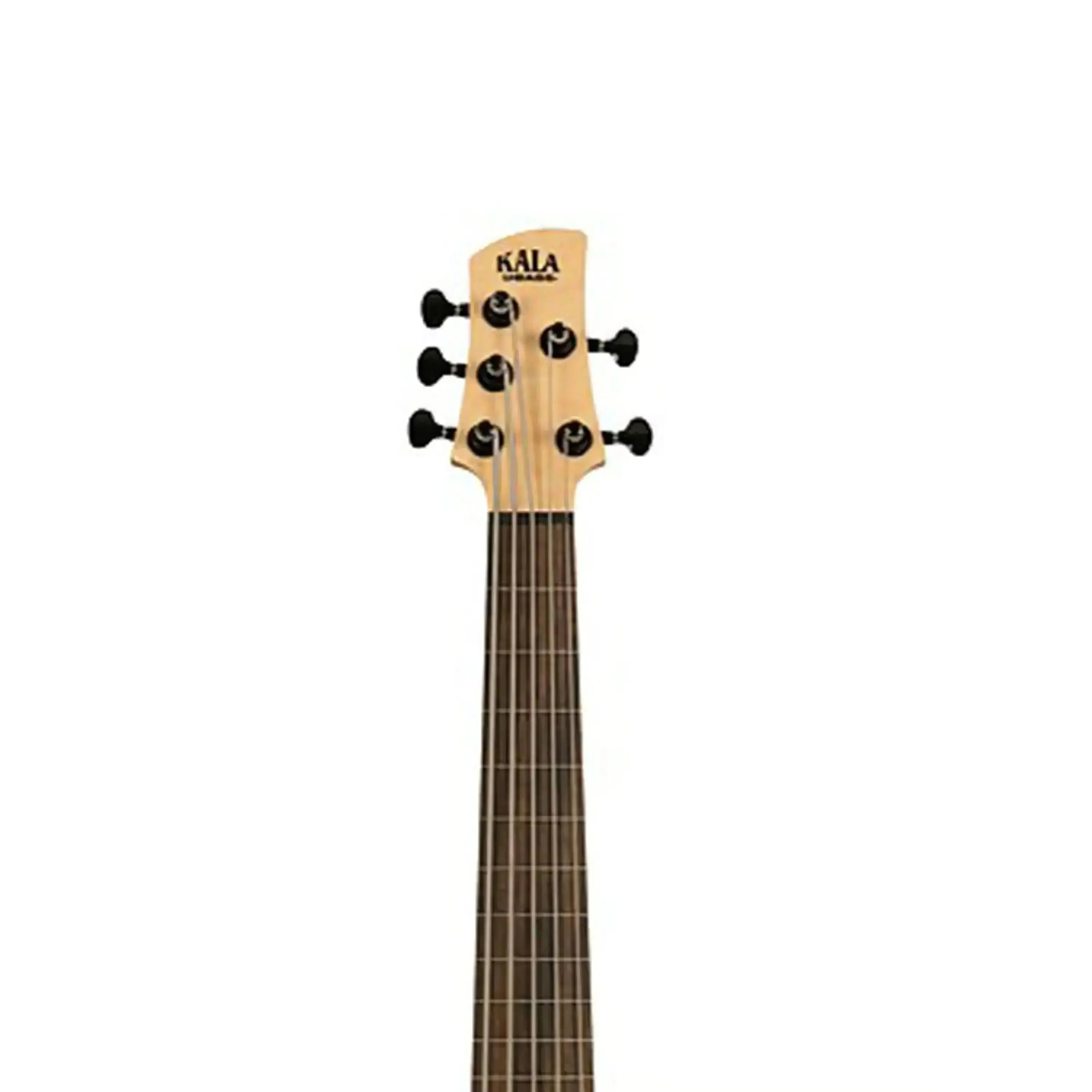Kala UBASS-SB5-BK-FL fretless 5-string U•BASS headstock and upper neck with black tuners.