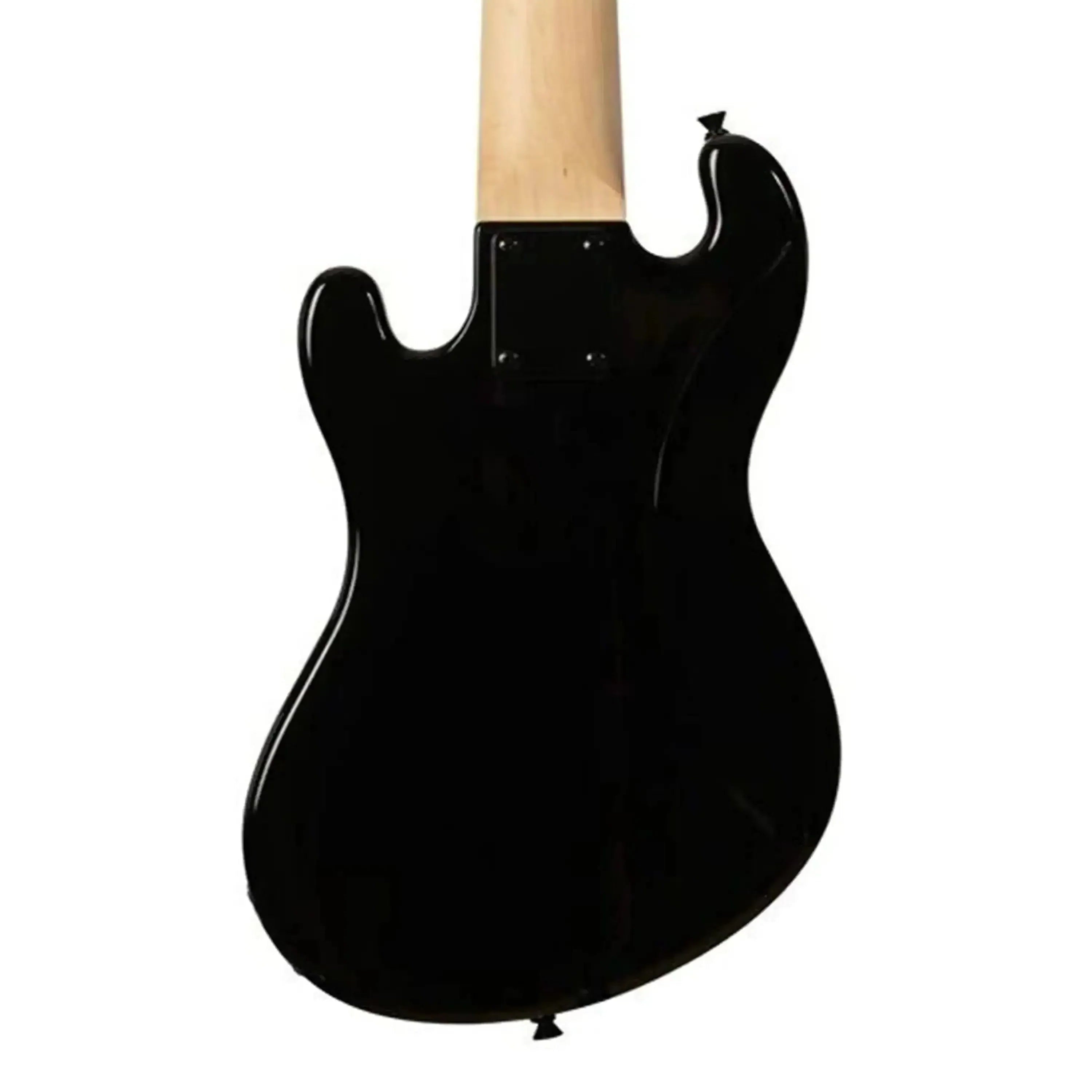 Back of a jet black Kala Solid Body Fretted 5-String U•BASS with a light maple neck.