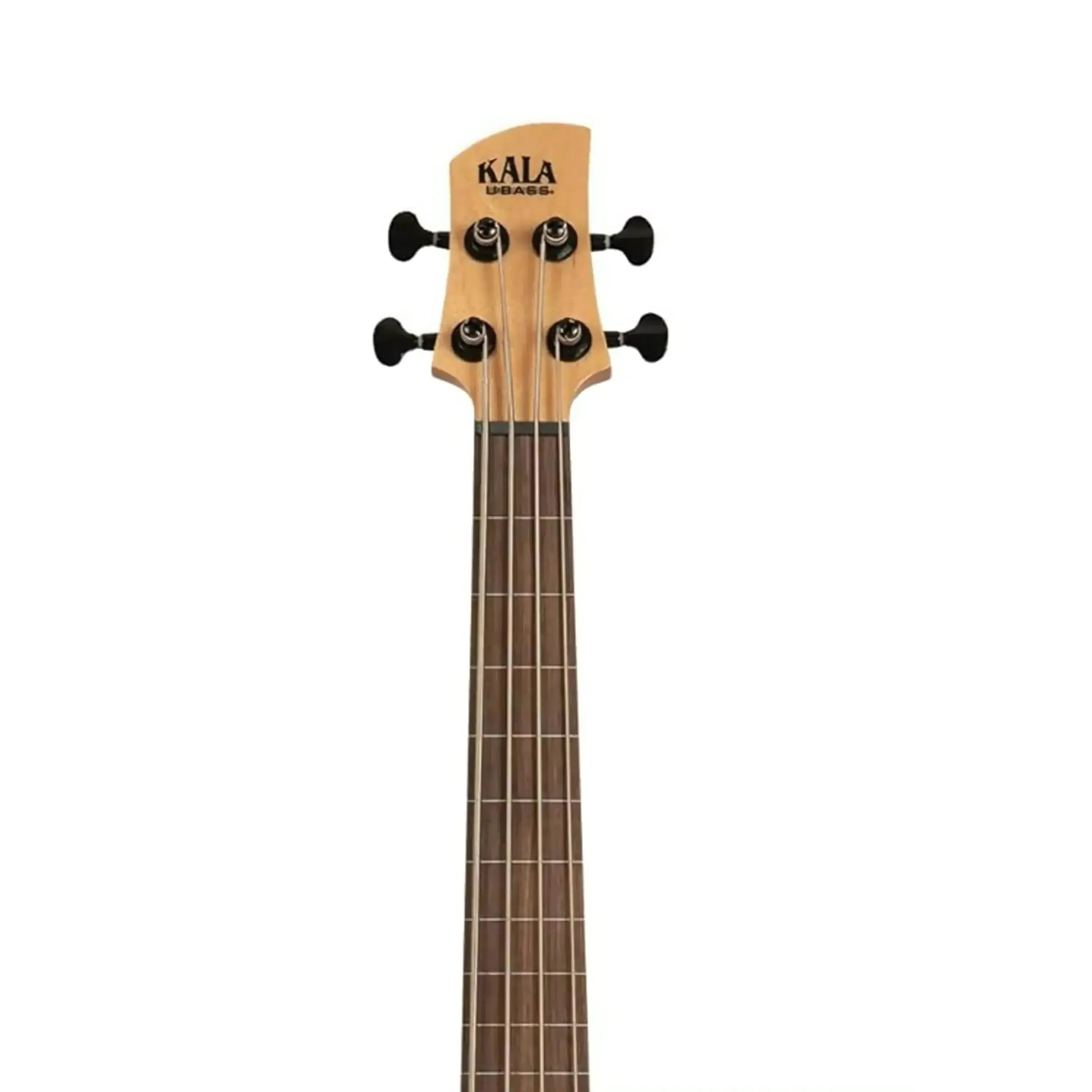 Kala U•BASS headstock and fretless maple neck with black tuners and strings.