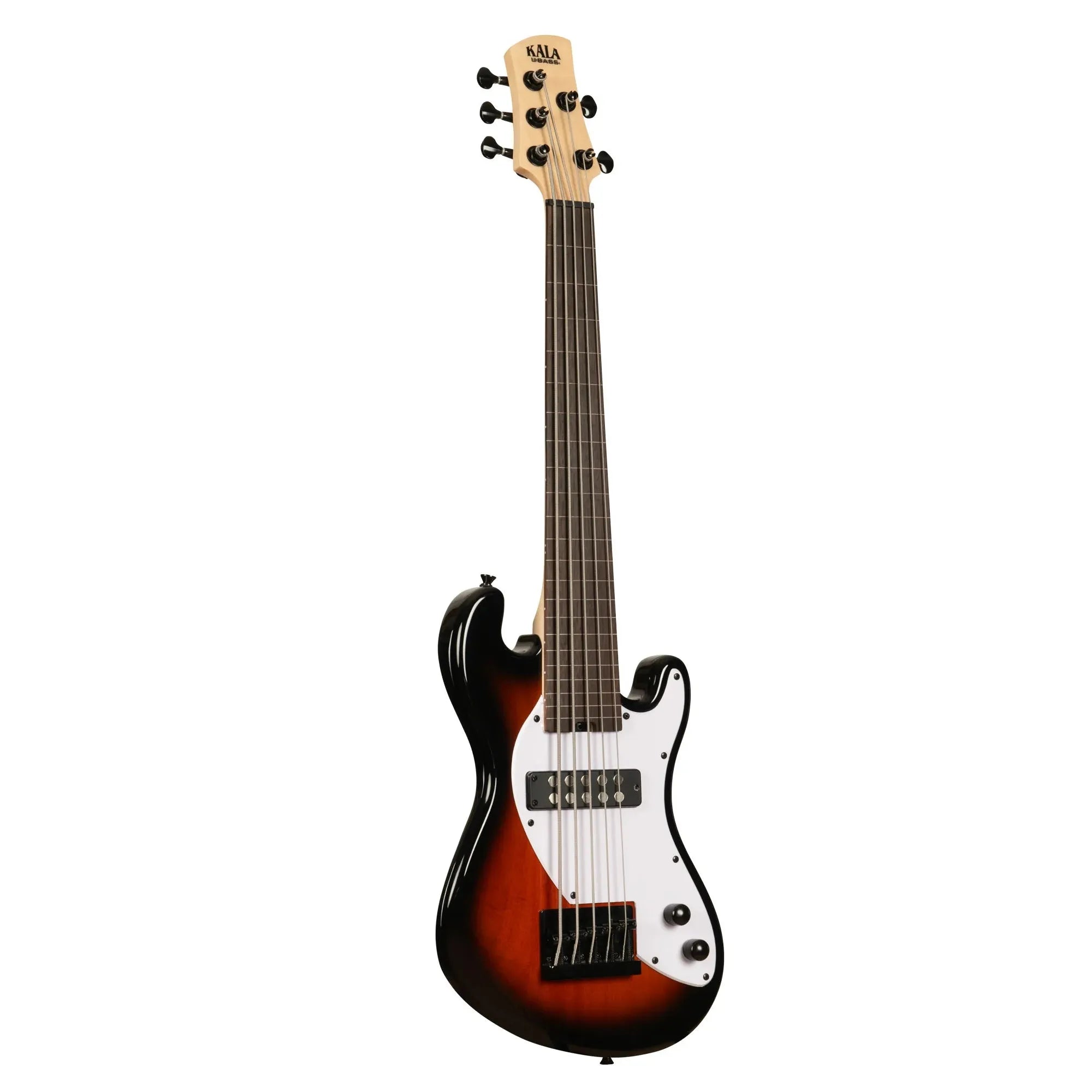 Kala 5-string fretless U-BASS in tobacco burst with a solid okoume body, maple neck, and white pickguard.