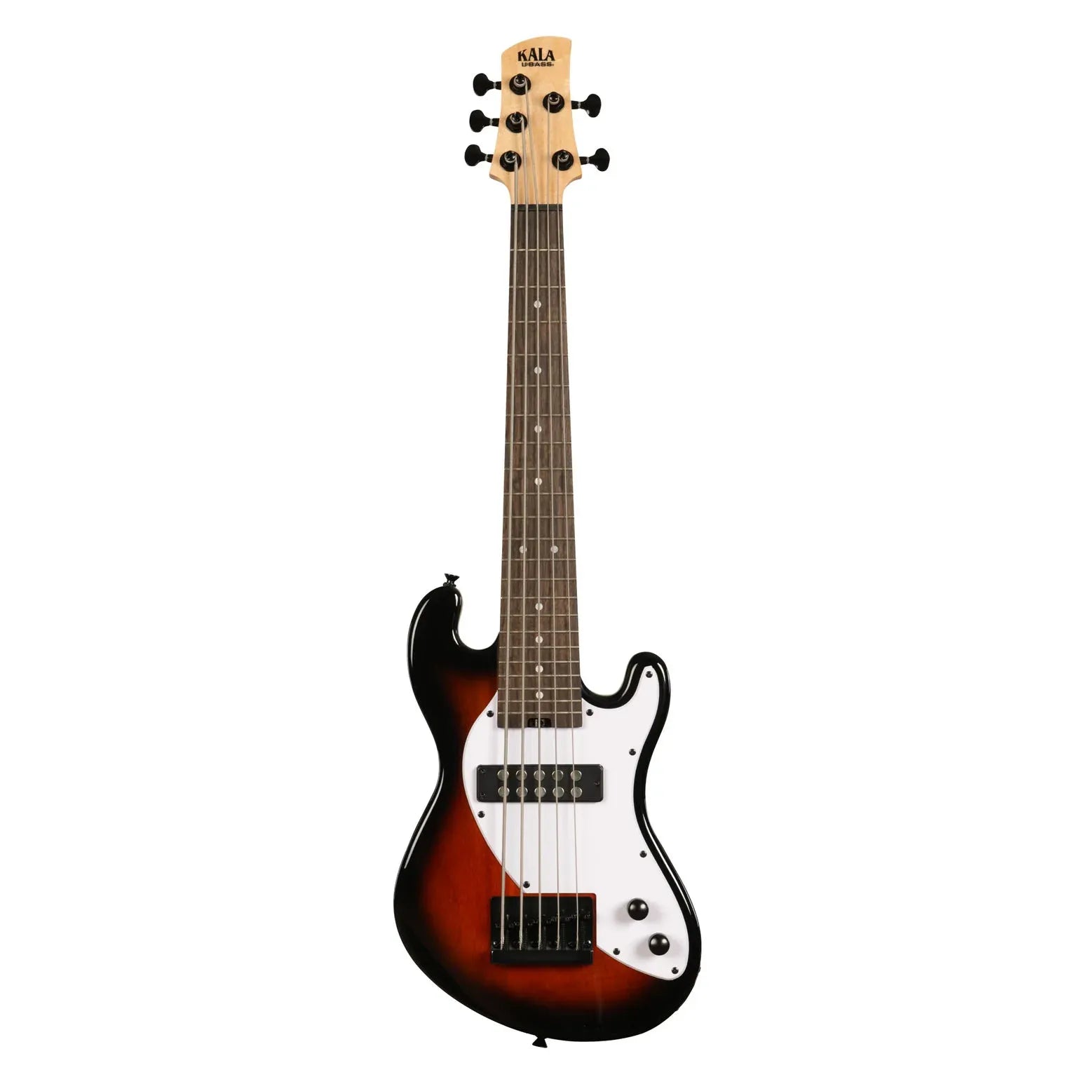 Kala 5-string solid body fretted U-BASS in tobacco burst with a white pickguard and maple neck.