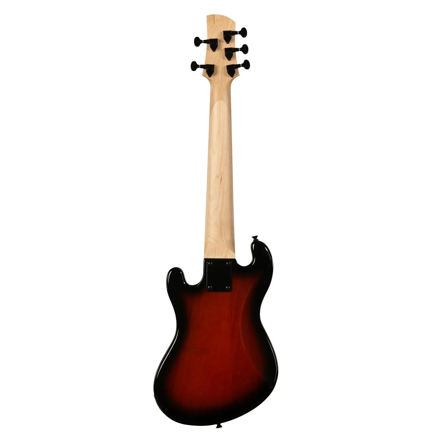Back view of a Kala 5-string solid body U-BASS in tobacco burst with a maple neck and black tuning pegs.