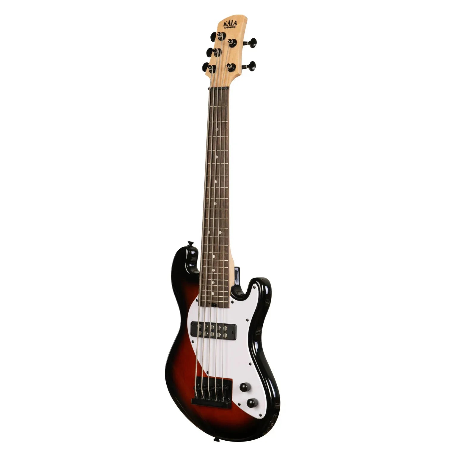 Kala 5-string solid body U-BASS in tobacco burst with maple neck, laurel fingerboard, and white pickguard.