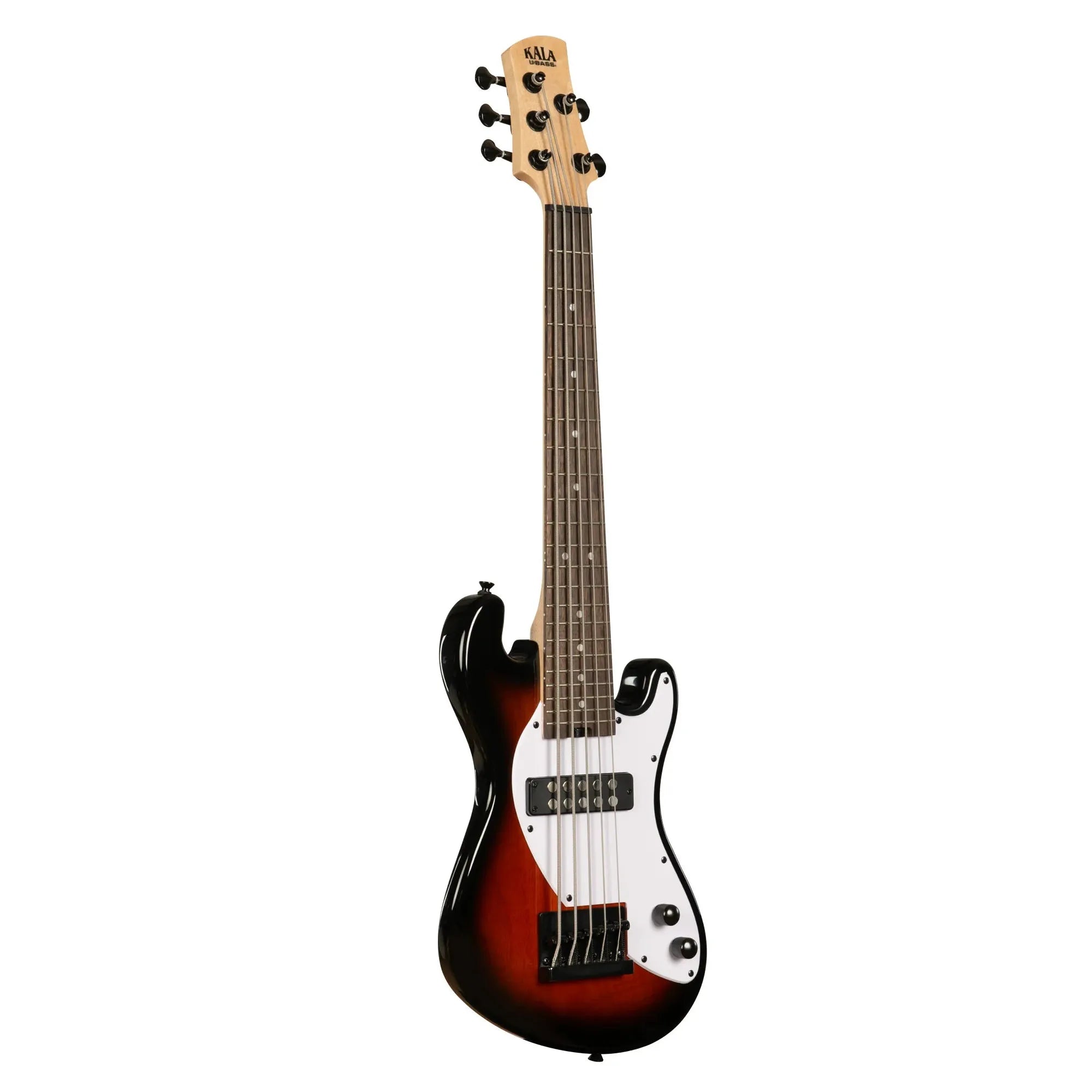 Kala 5-string solid body U-BASS in tobacco burst with maple neck and white pickguard.