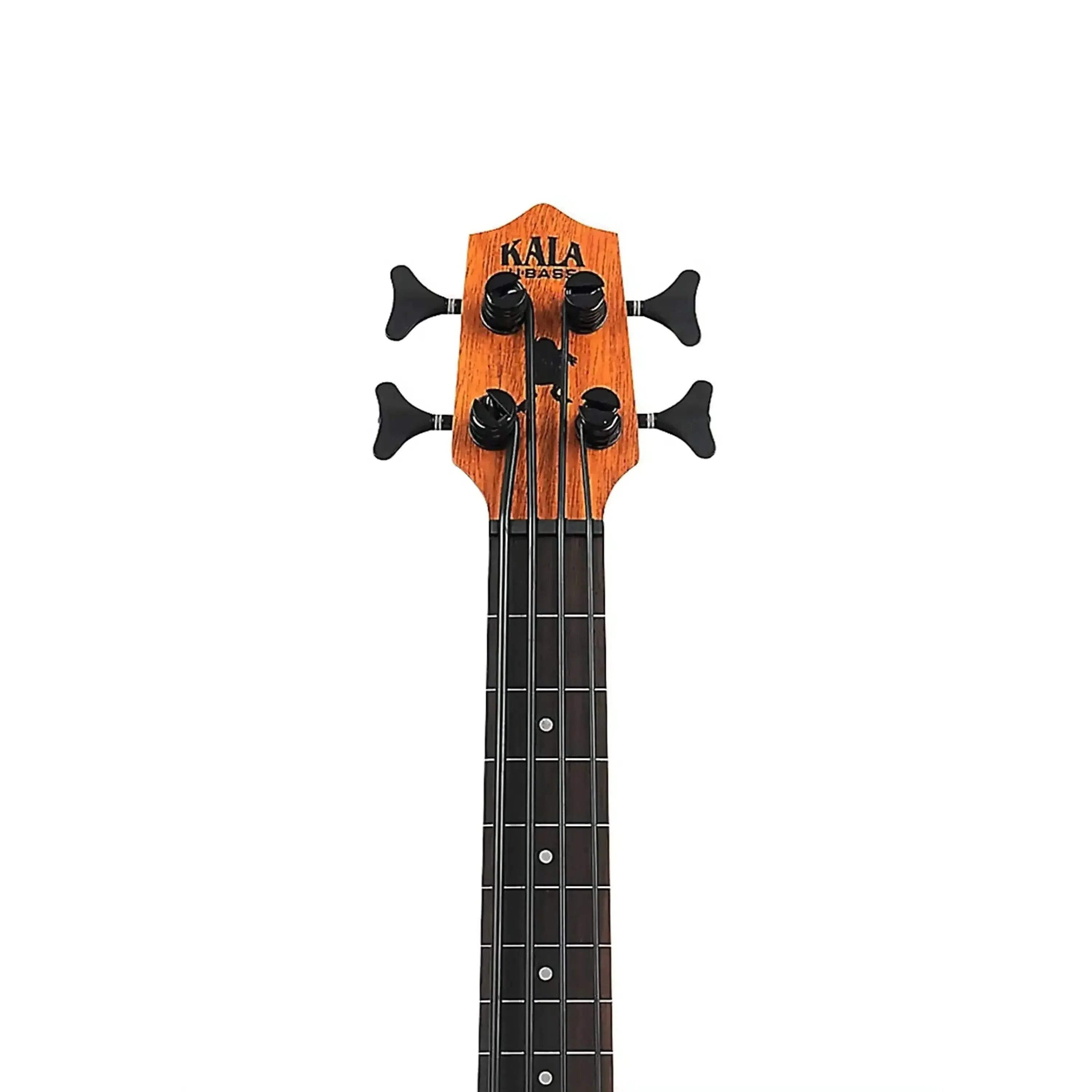 Kala UBASS-SCOUT-FL U•BASS headstock with mahogany finish, black tuners, and rosewood fretboard.