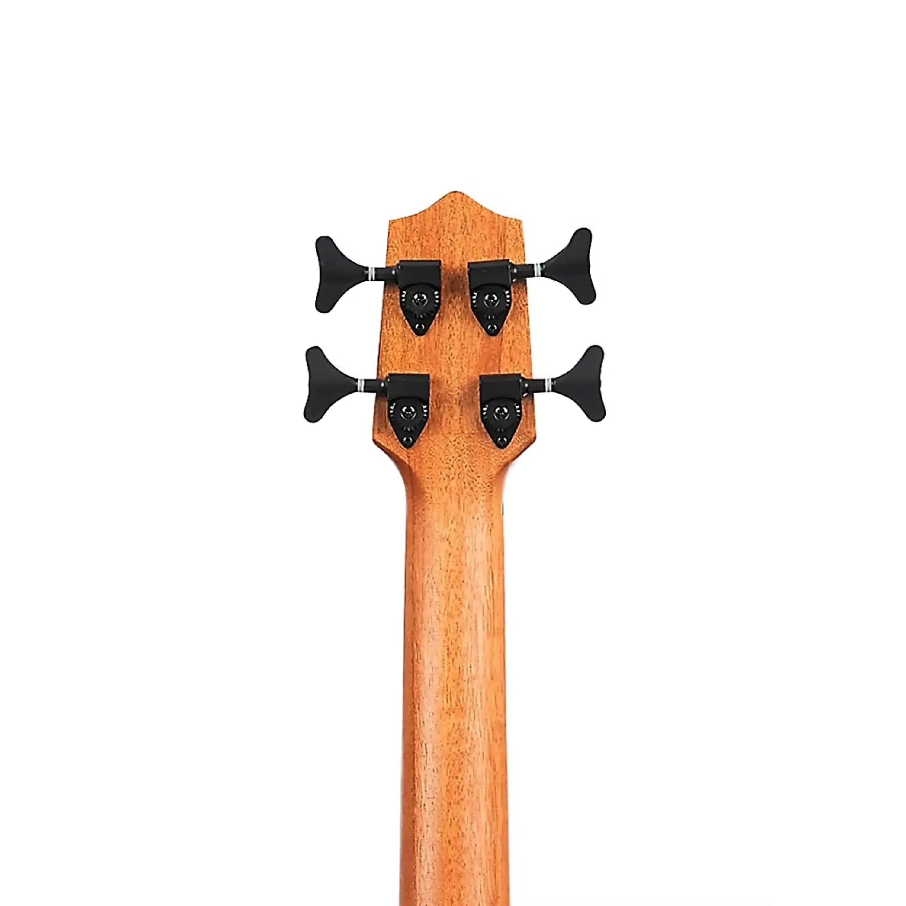 Back of Kala Scout Fretless U•BASS mahogany headstock and neck with black die-cast tuners.