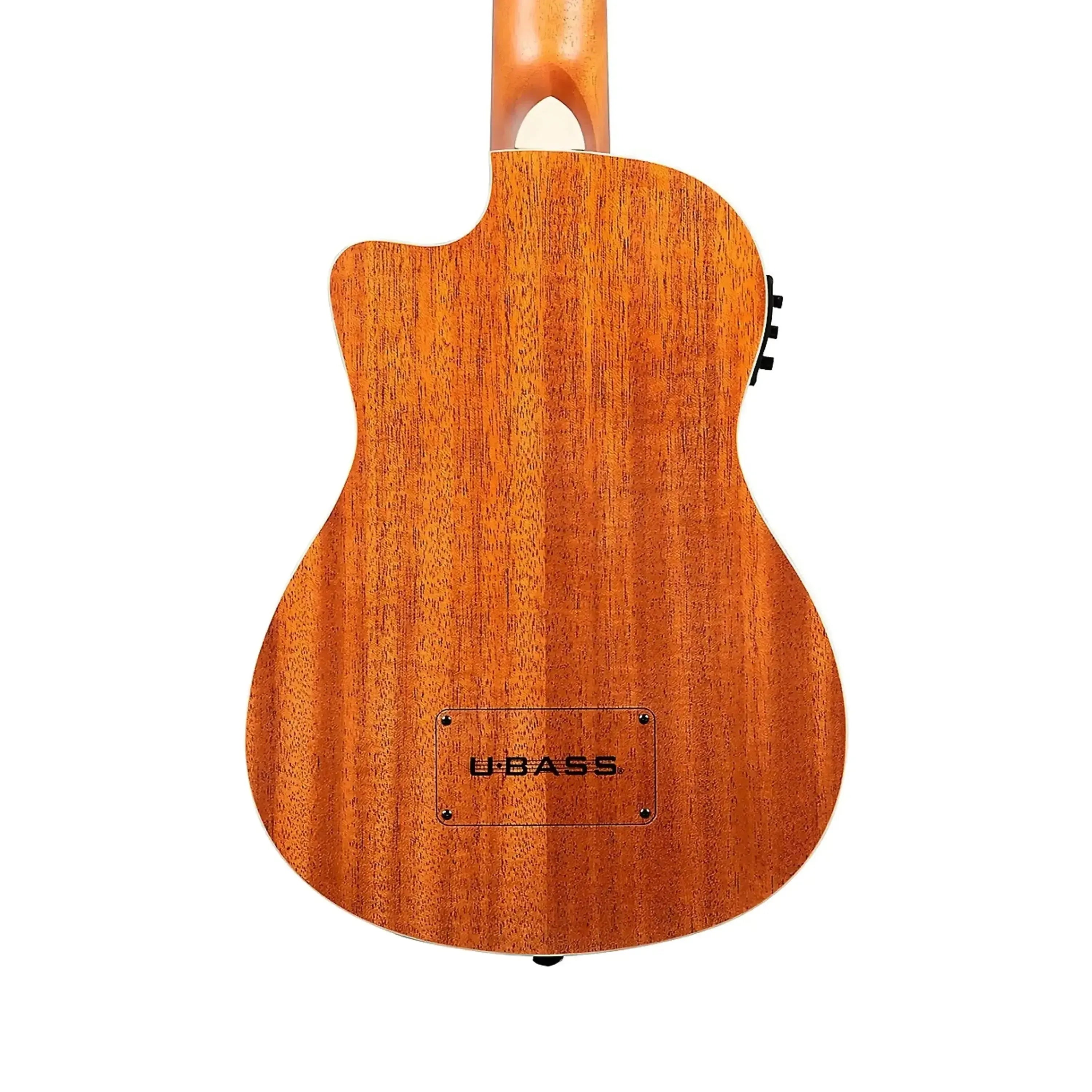Kala UBASS-SCOUT-FS mahogany acoustic-electric U•BASS back with Venetian cutaway and U•BASS logo.