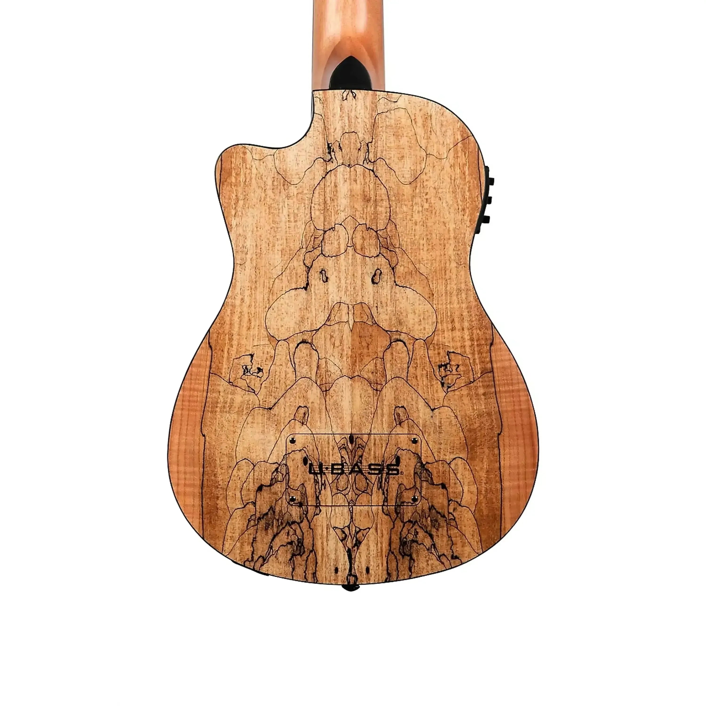 Kala Spalted Maple Fretted Acoustic-Electric U•BASS, back view showing unique wood grain and Venetian cutaway.