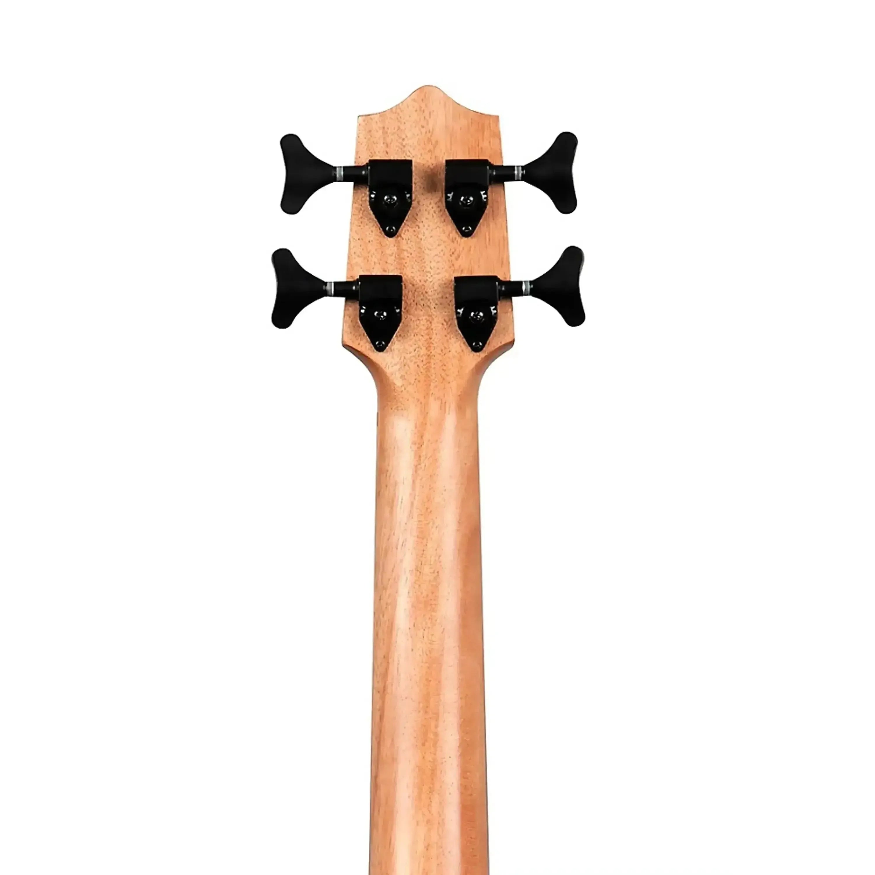 Kala U•BASS mahogany neck and headstock with black die-cast tuners, viewed from behind.
