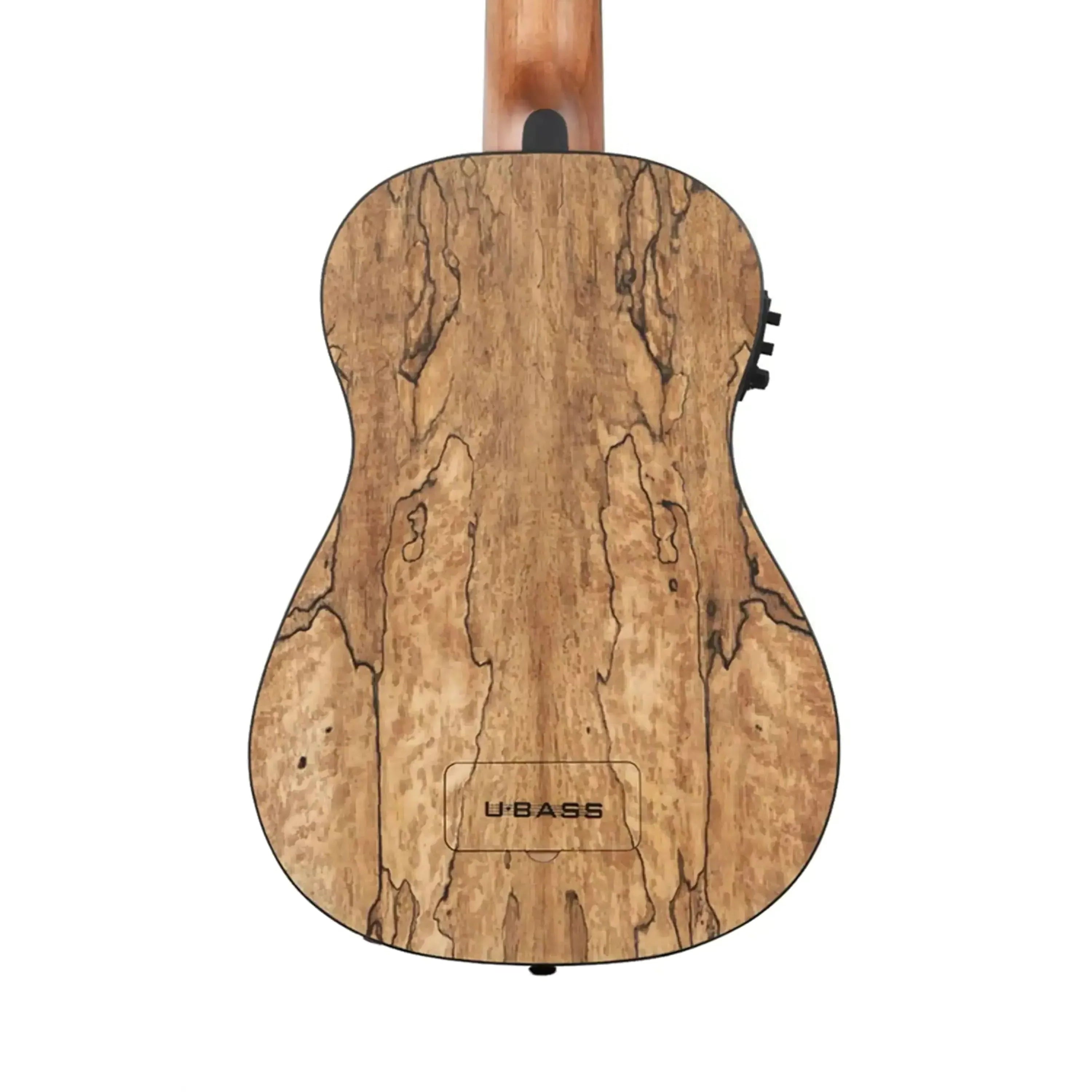 Kala Spalted Mango Acoustic-Electric U•BASS back with unique wood grain and "U•BASS" battery cover.