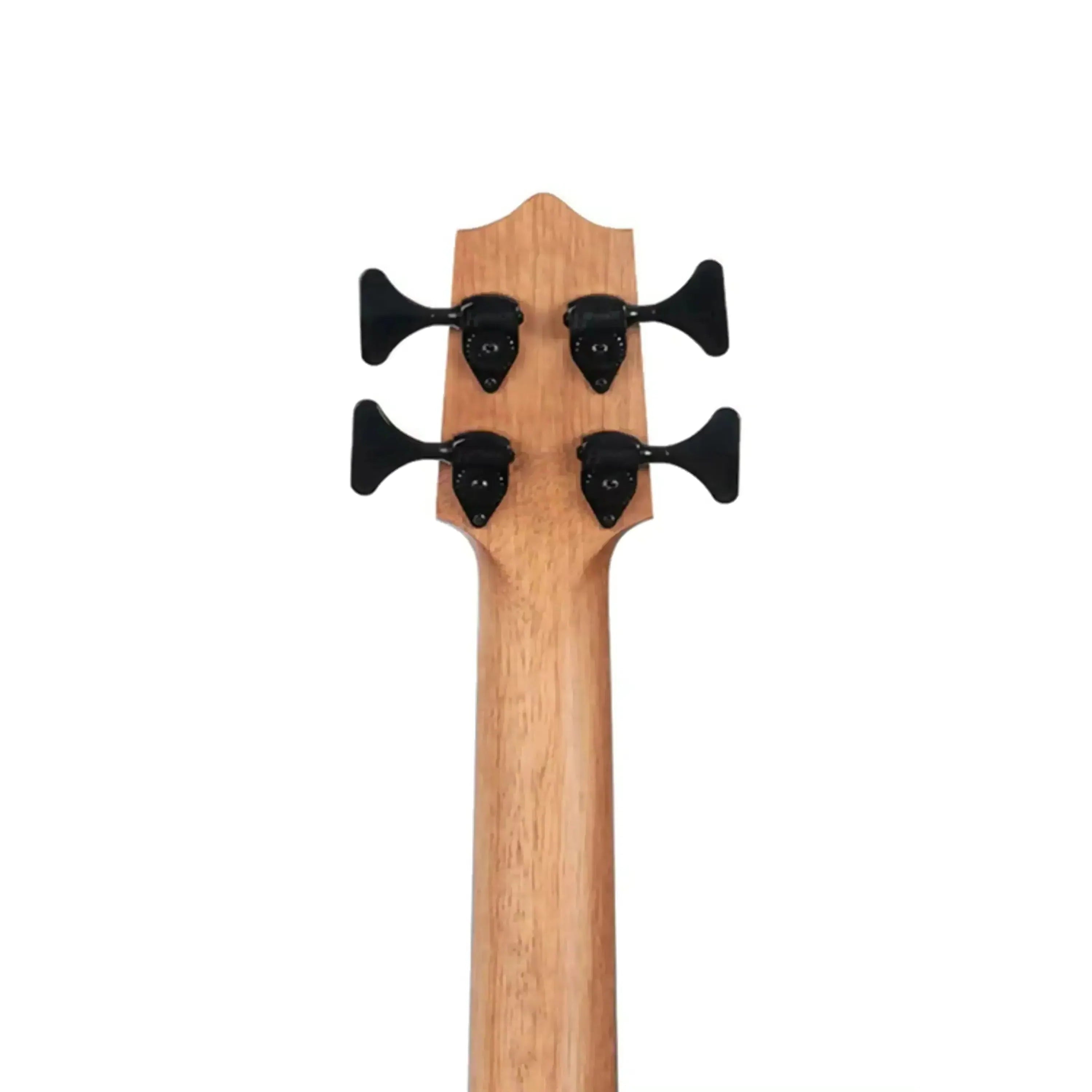 Kala U•BASS mahogany neck and headstock with black tuners, viewed from the back.