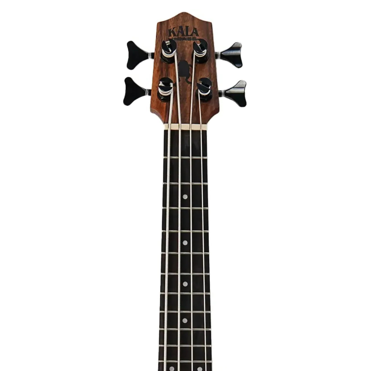 Kala U•BASS headstock and fretboard, featuring teak wood, black tuners, and rosewood fretboard.