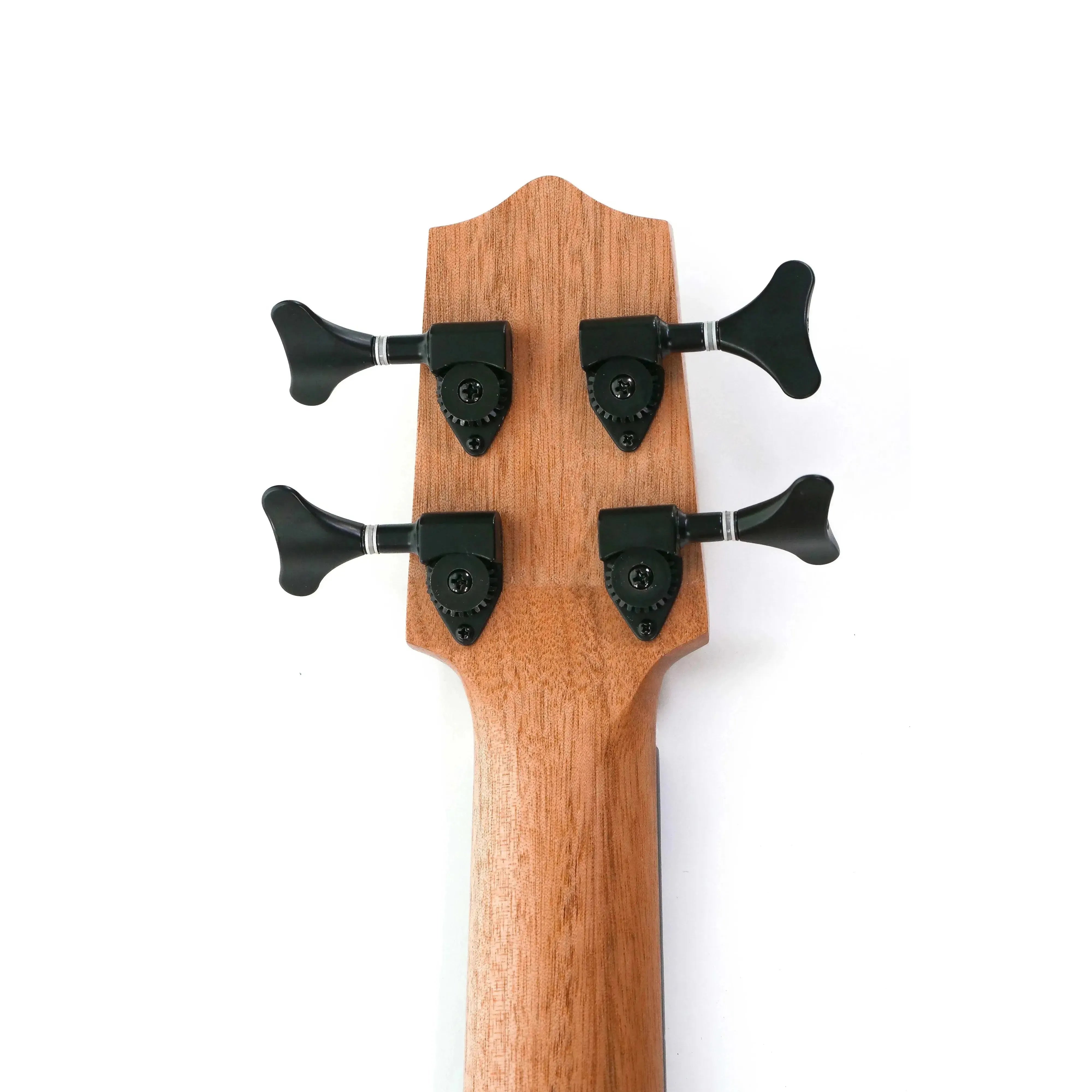 Kala Mahogany Wanderer U•BASS headstock with custom black die-cast tuners, viewed from the back.