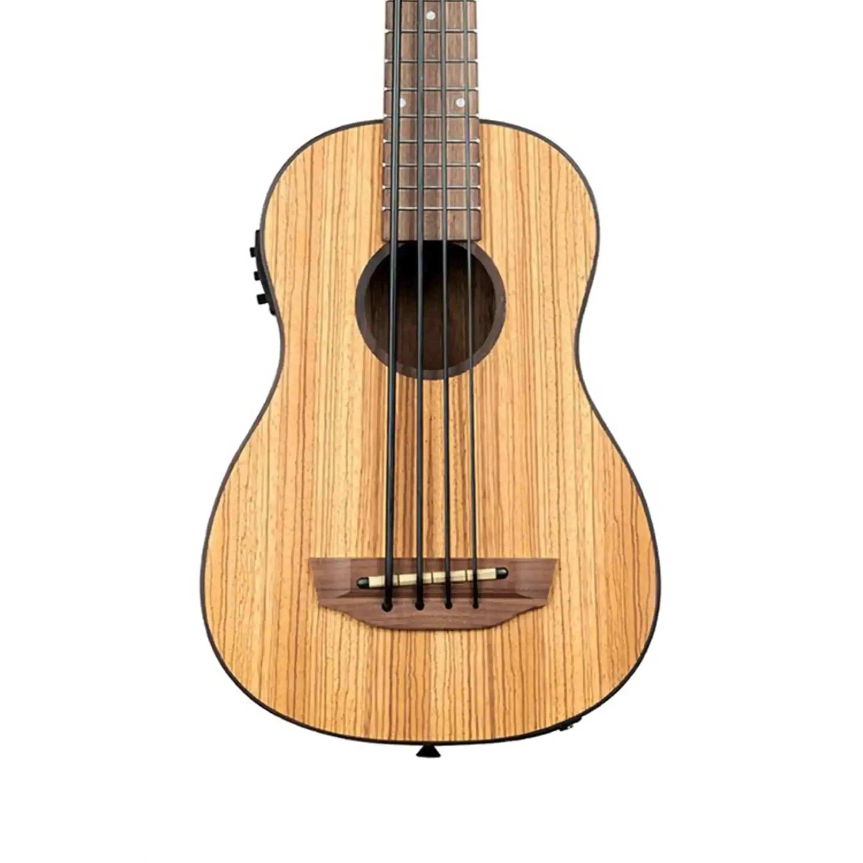 Kala Zebrawood Acoustic-Electric U•BASS with a natural wood grain finish and black strings.