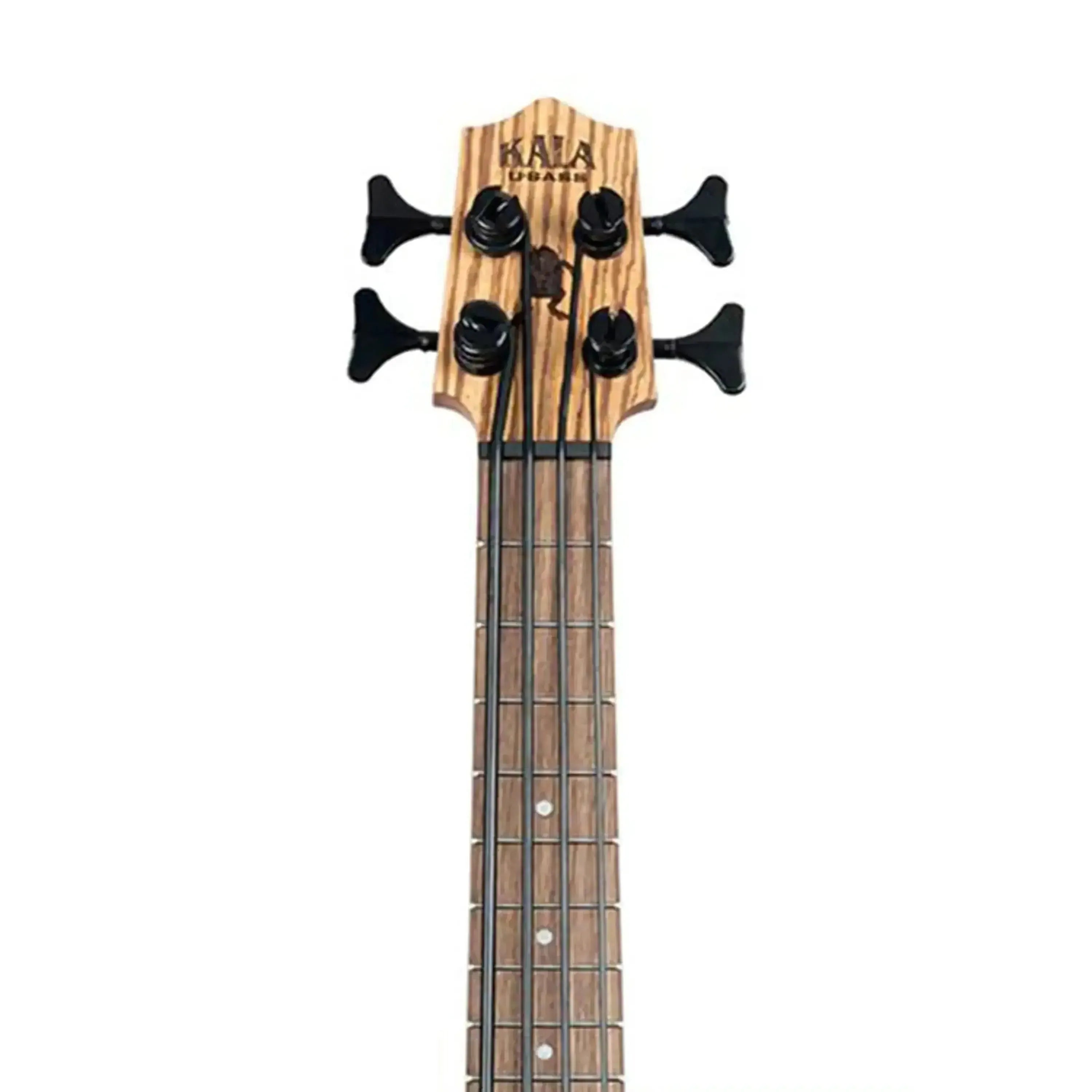 Kala U•BASS headstock with zebrawood finish, black tuners, and walnut fretboard.