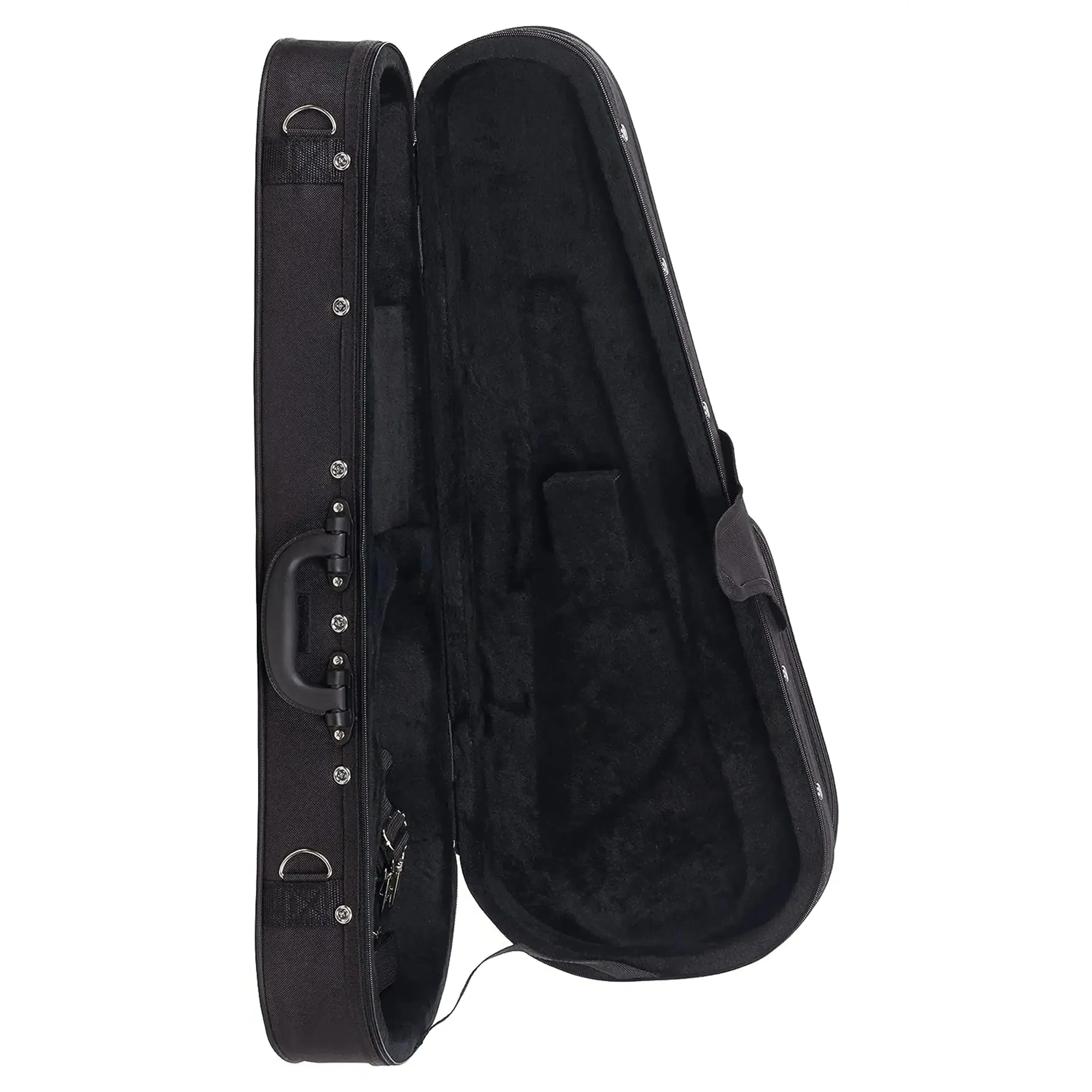 Kala UC-B Baritone Ukulele Hard Foam Case, open, showing black exterior and plush interior.