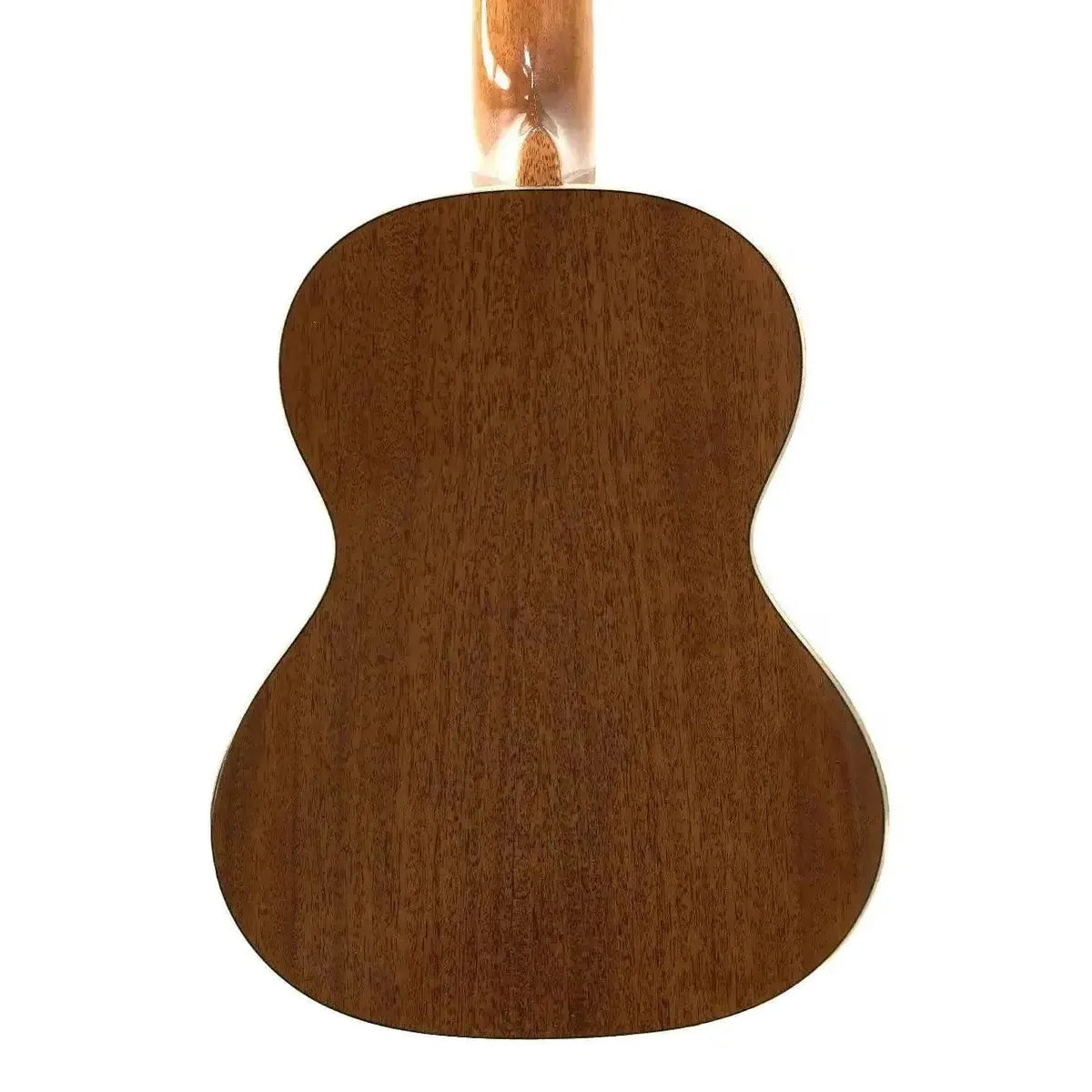 Back of a Kala Uke Like The Pros tenor ukulele with mahogany laminate and a sunburst finish.
