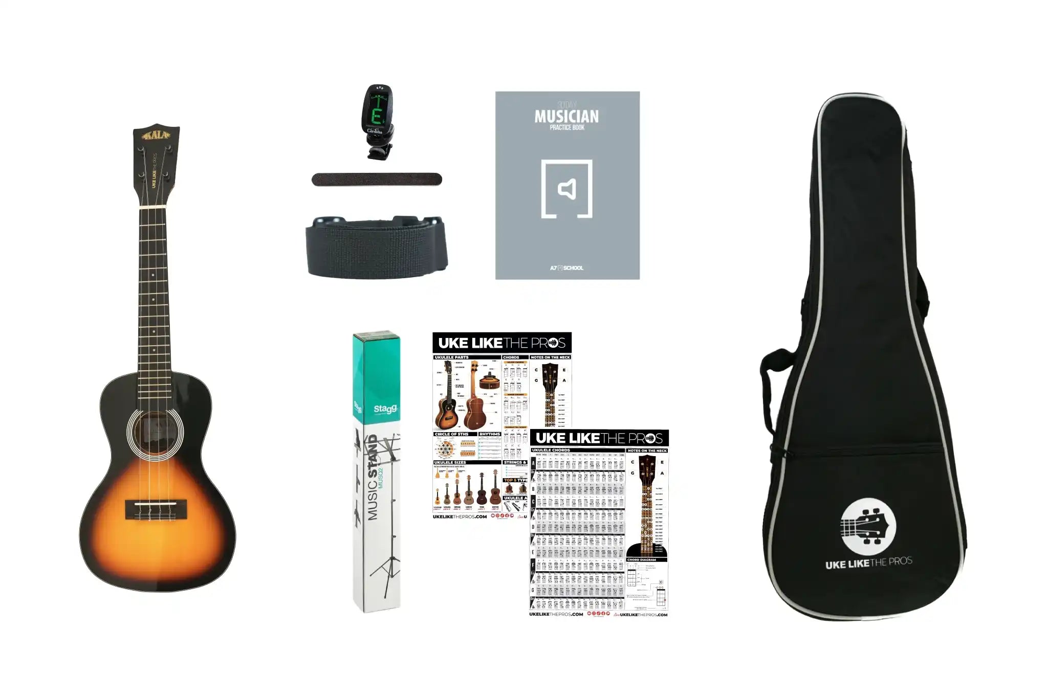 Kala Uke Like The Pros SSMHG ukulele pack with sunburst solid spruce top, gig bag, tuner, strap, and learning materials.
