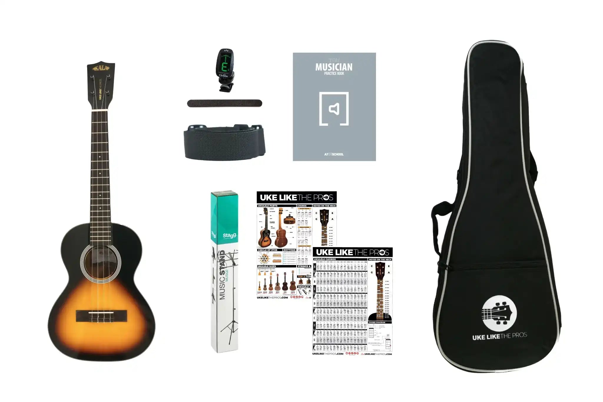 Kala Uke Like The Pros SSMHG ukulele pack with sunburst solid spruce top, gig bag, tuner, strap, and music stand.