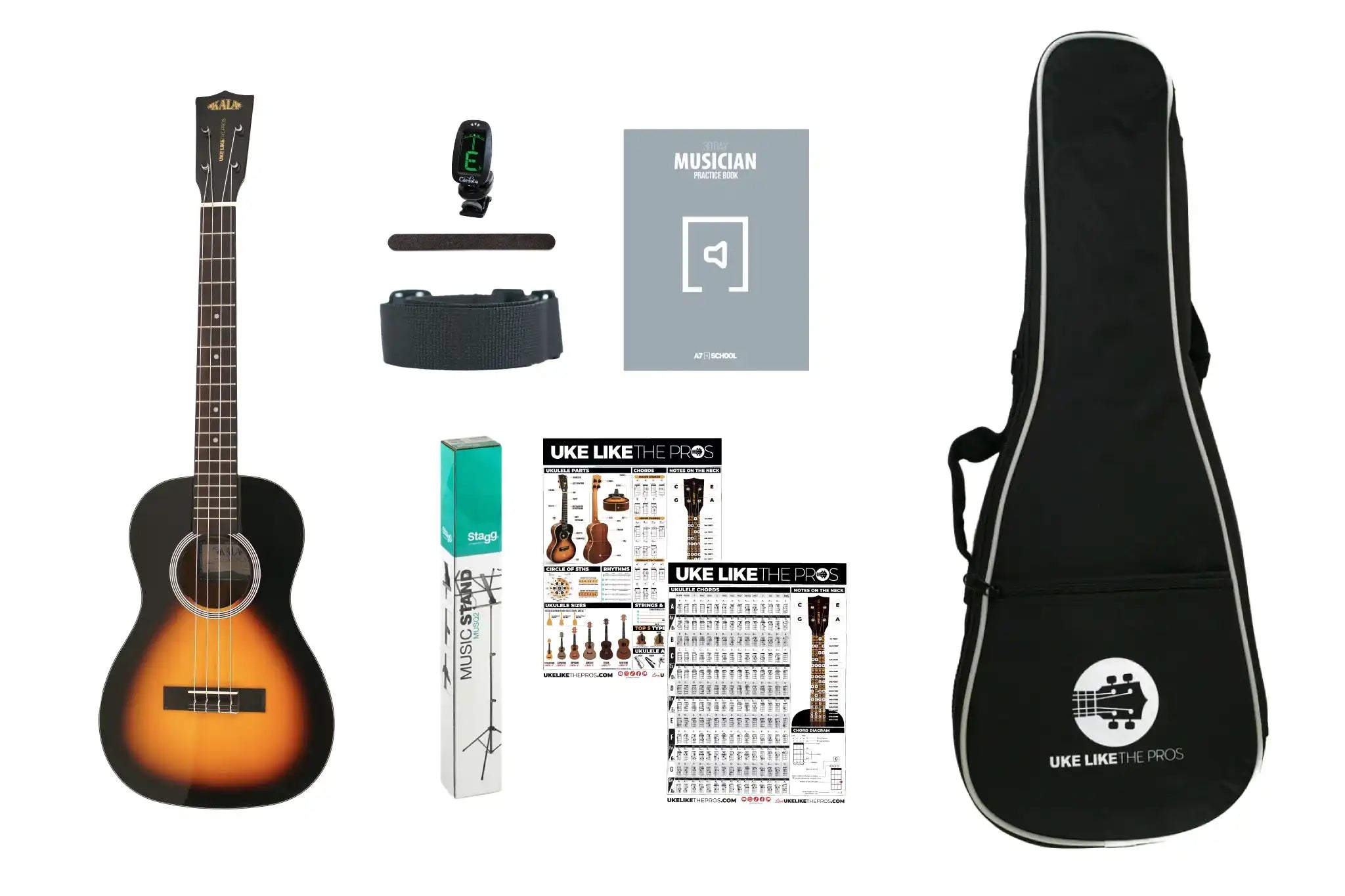 Kala Uke Like The Pros SSMHG ukulele pack with sunburst solid spruce top, tuner, strap, practice book, stand, and gig bag.