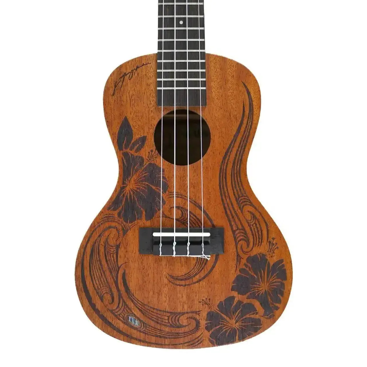 Kala Unity Mahogany Concert Ukulele with hibiscus and wave design on a natural wood body.