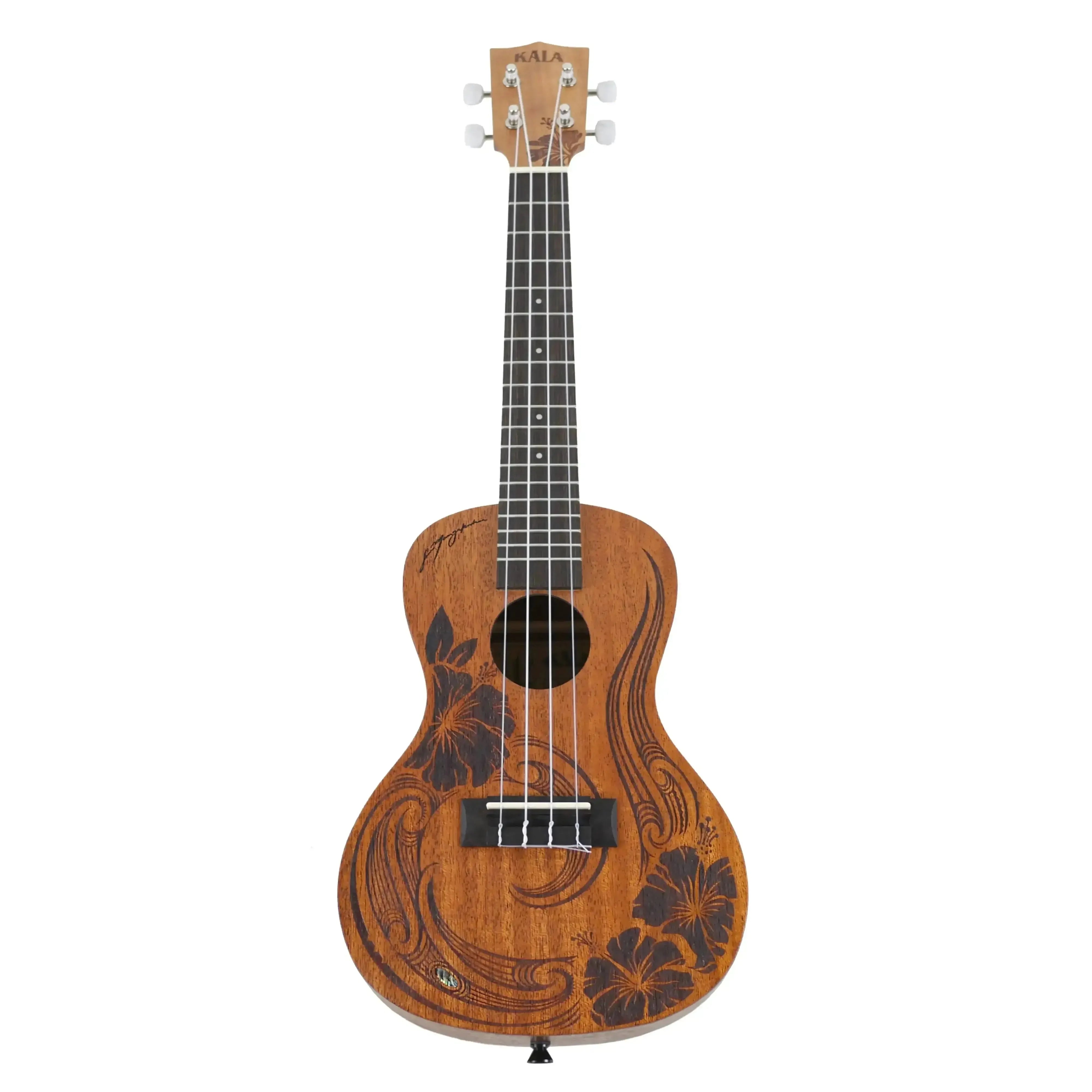 Kala Unity-C concert ukulele with mahogany body and dark floral hibiscus design.