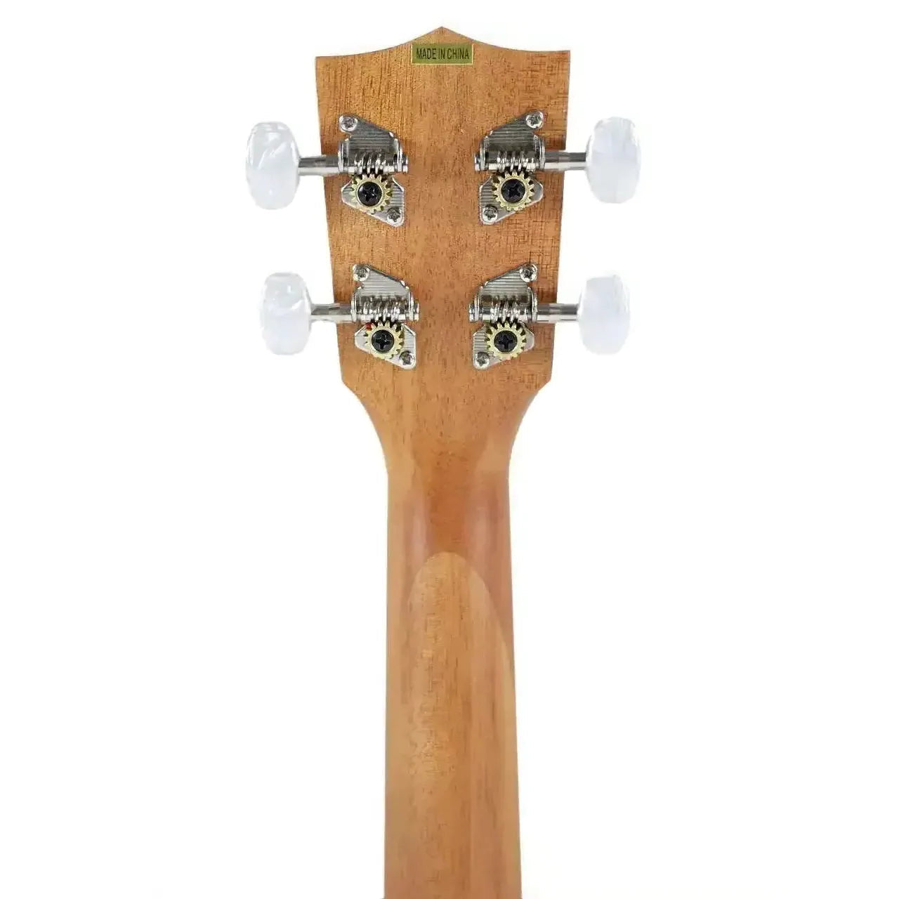 Back of Kala Unity Mahogany Concert Ukulele headstock with four white tuning pegs.