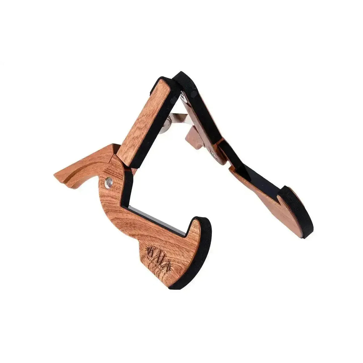 Kala US-PM African Sapele fold-out instrument stand with black padding and silver hinge.