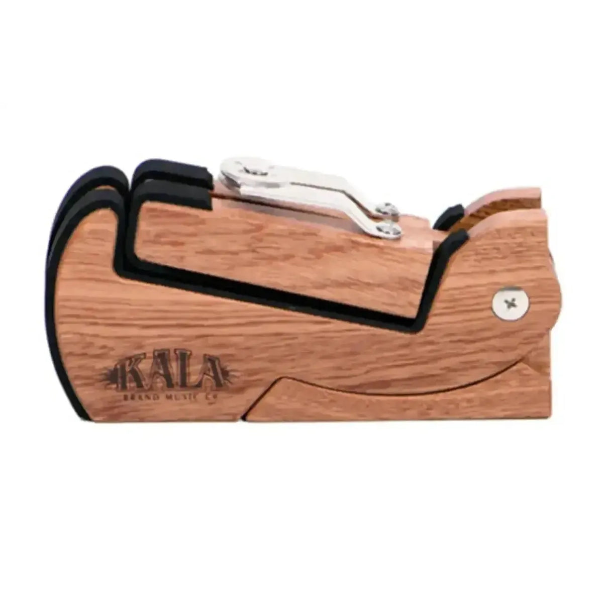 Kala US-PM African Sapele fold-out instrument stand, closed, with black padding and silver hinge.