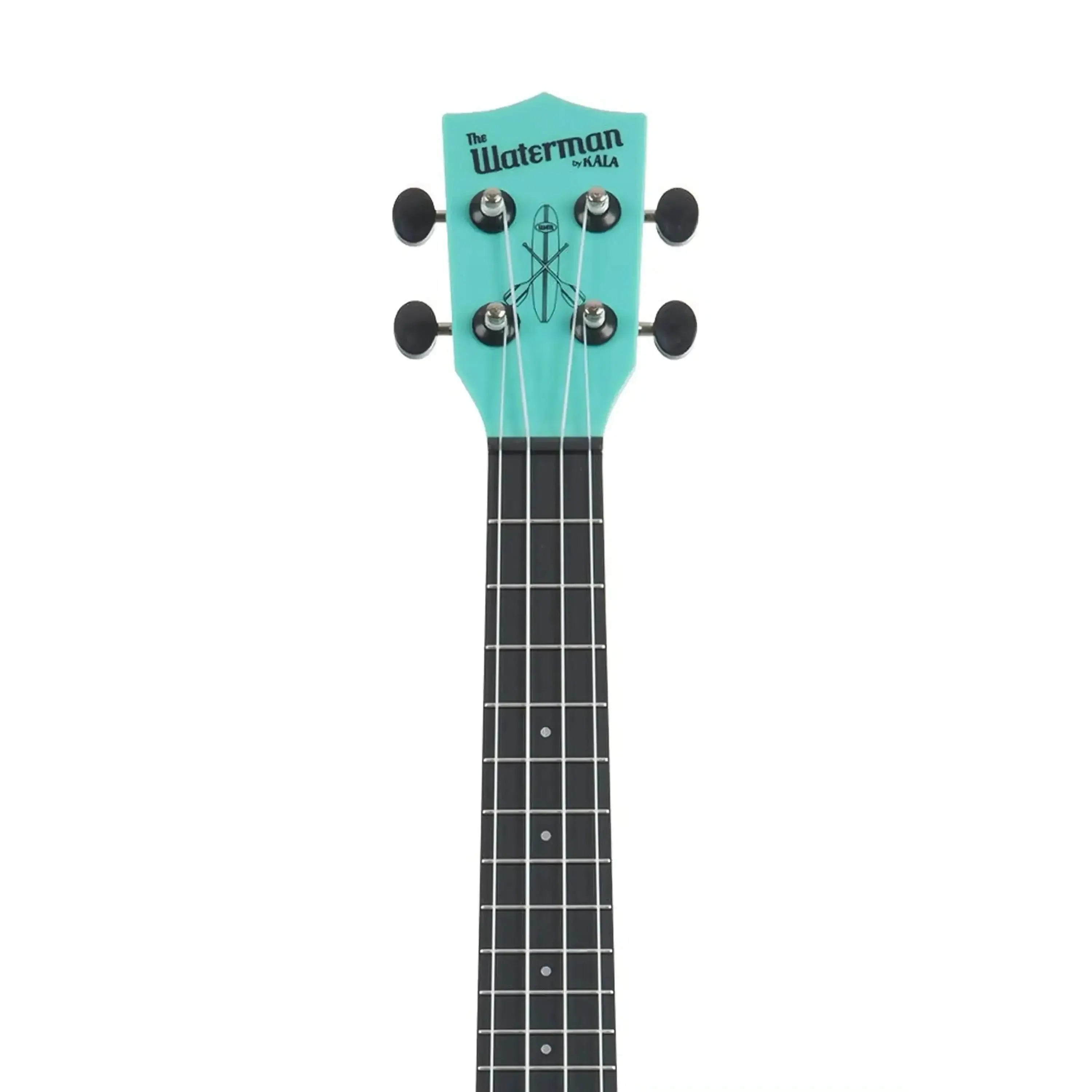 Kala Waterman Aqua Mist Concert Ukulele headstock and neck, showing tuners and logo.