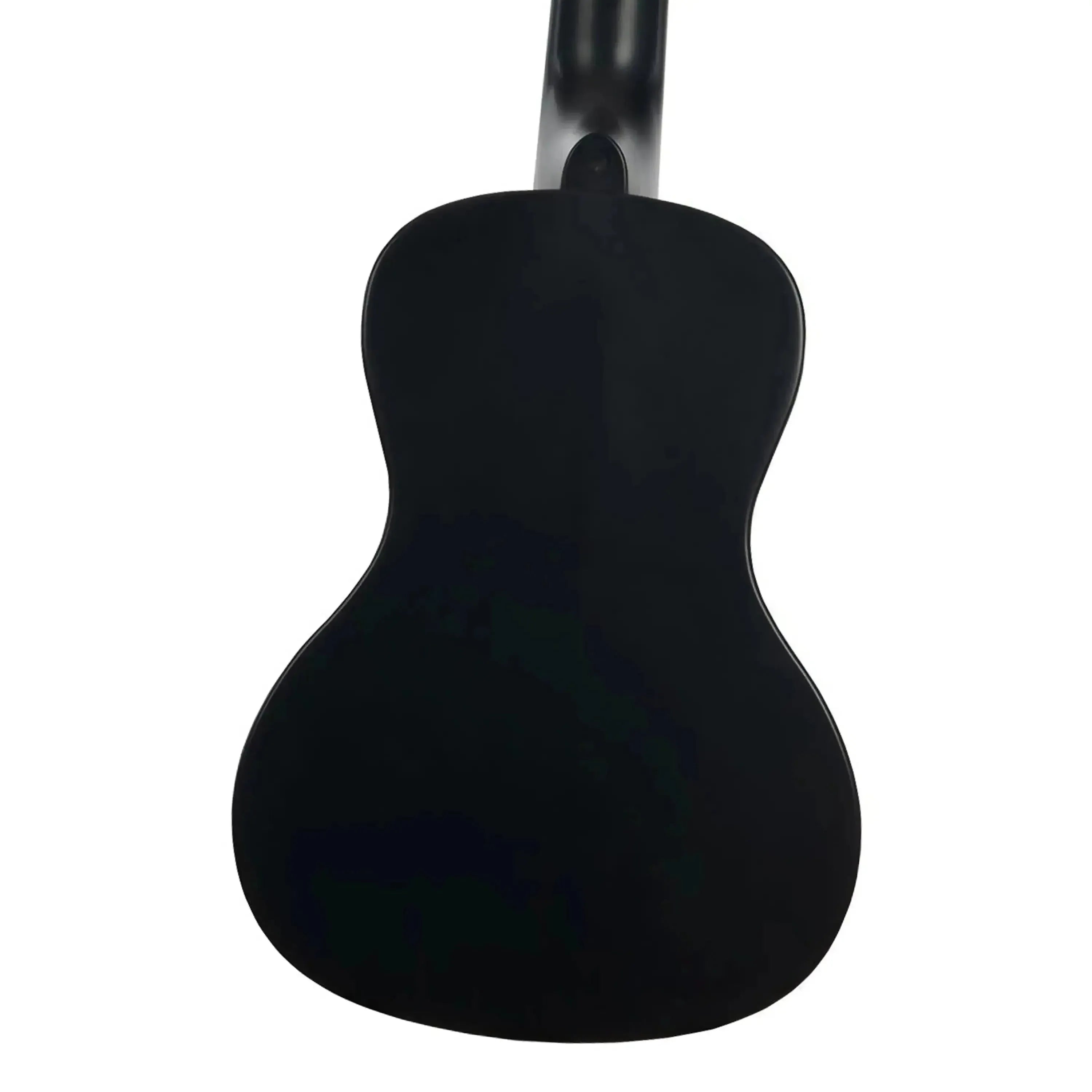 Kala Waterman Black Sand Concert Ukulele, back view, matte black ABS composite body.