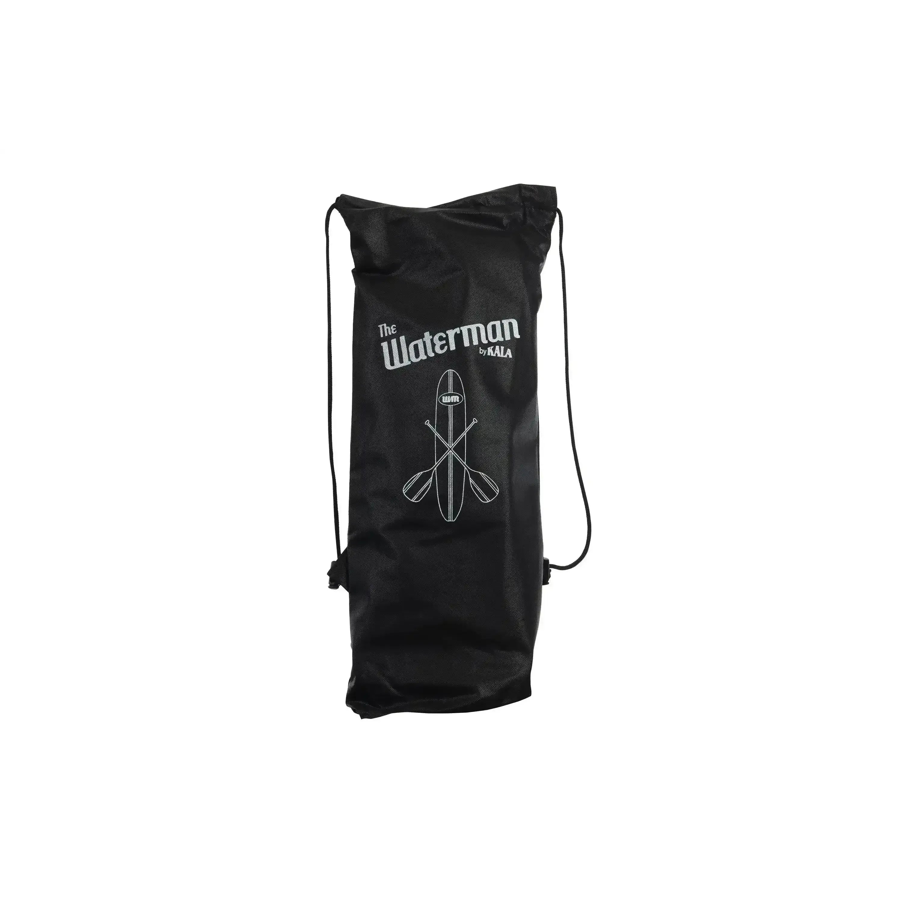 Black drawstring bag for Kala Waterman ukulele with logo and crossed paddles design.
