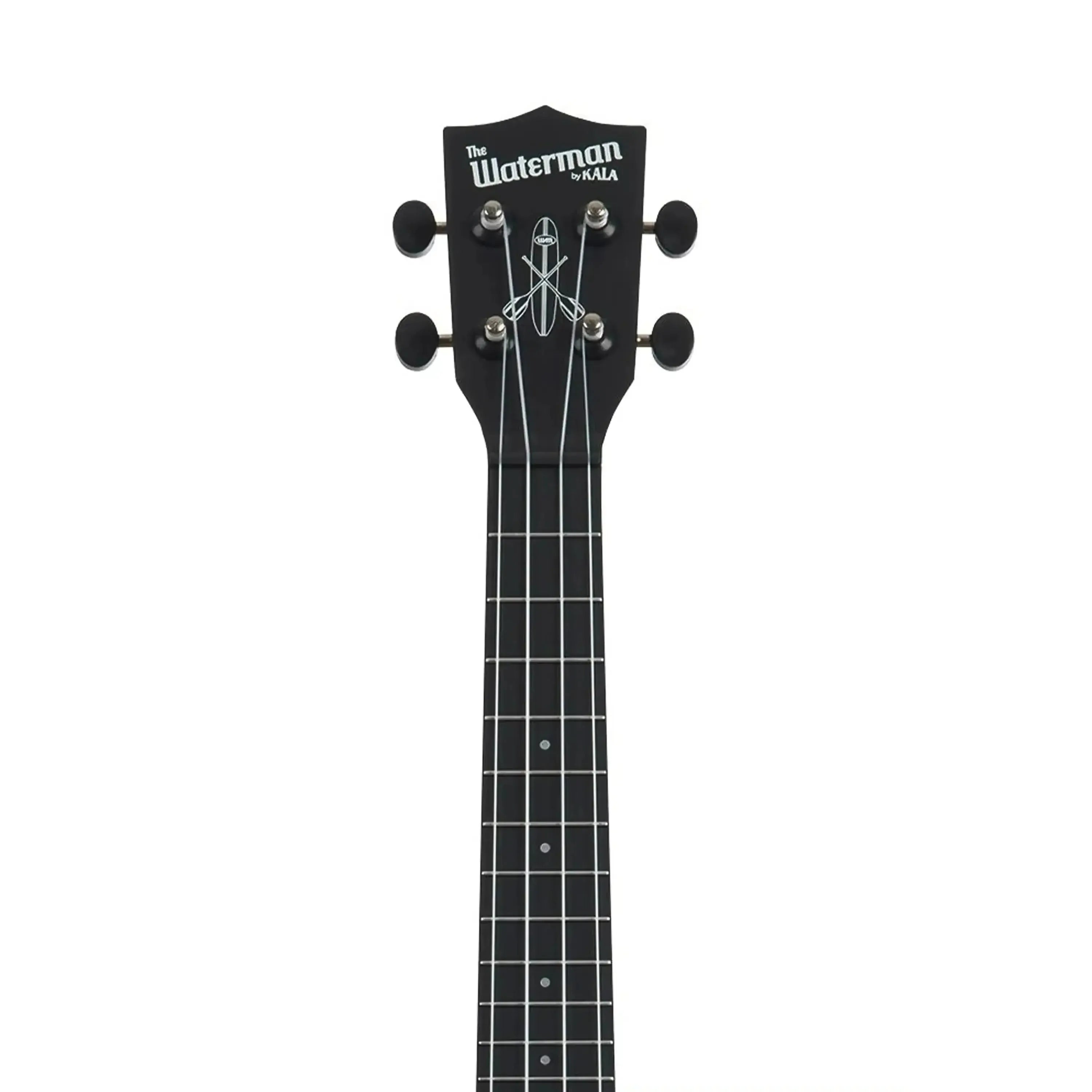 Kala Waterman Black Sand Concert Ukulele headstock with black tuning pegs and "The Waterman by KALA" logo.