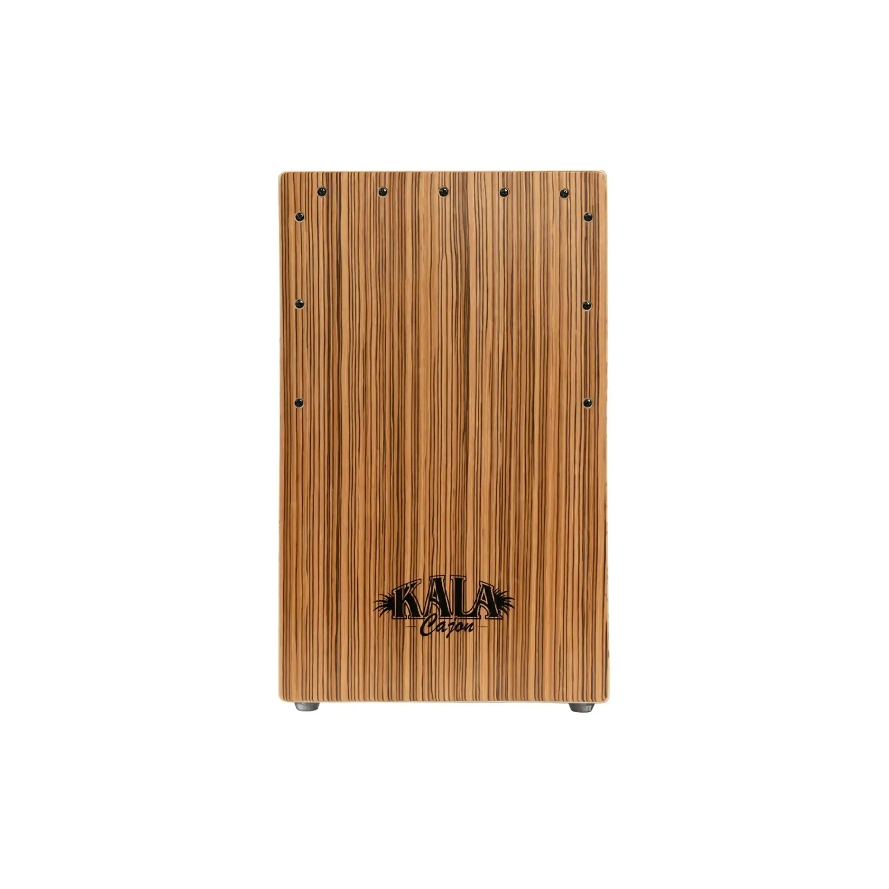 Kala Zebrawood Cajon, a rectangular percussion instrument with dark striped wood grain and black logo.