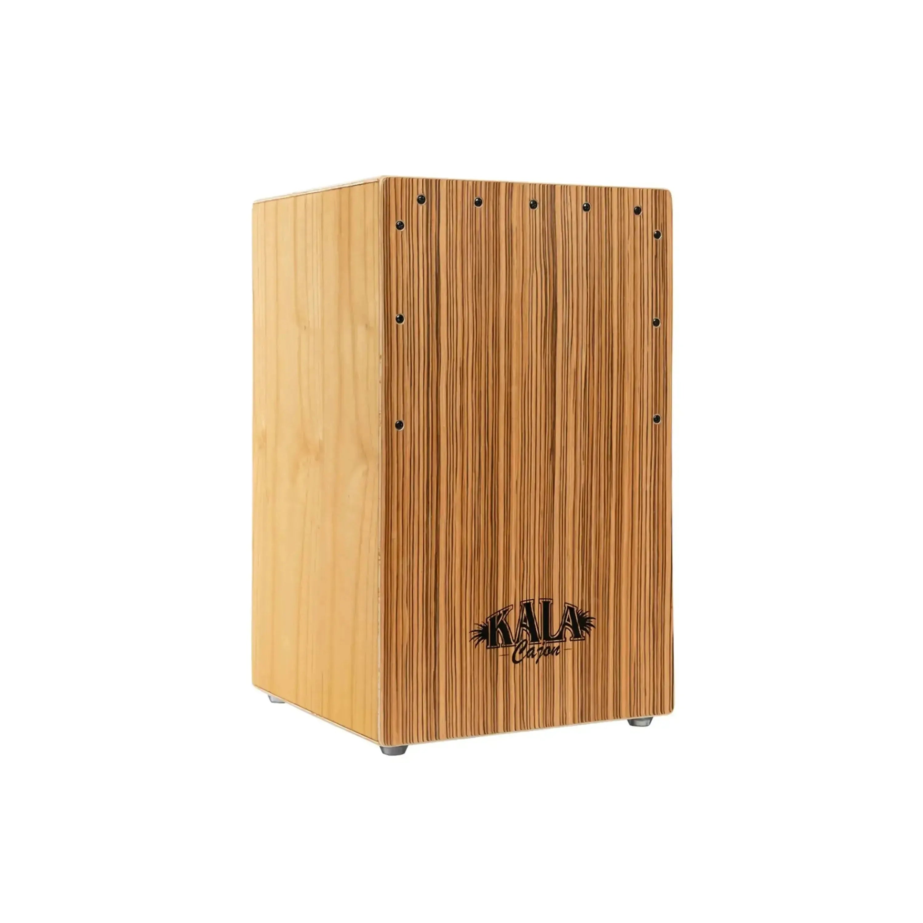 Kala Zebrawood Cajon, a light brown wooden percussion box with dark stripes and the Kala logo.