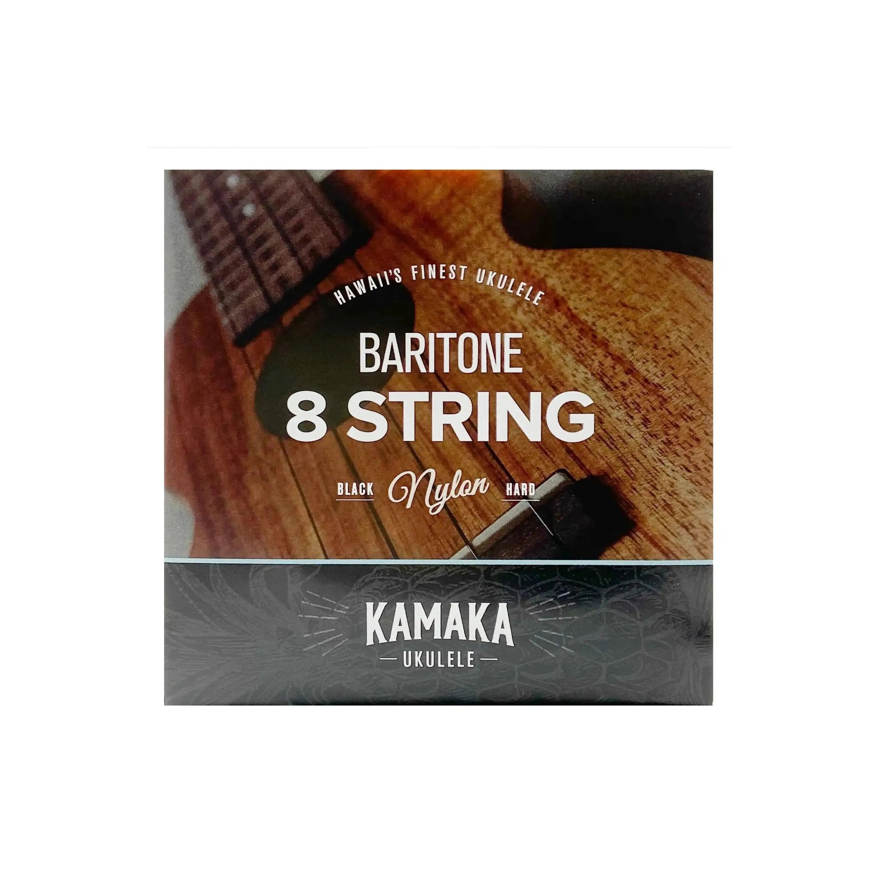 Kamaka 8-string baritone ukulele strings in black nylon, hard tension, on white background.
