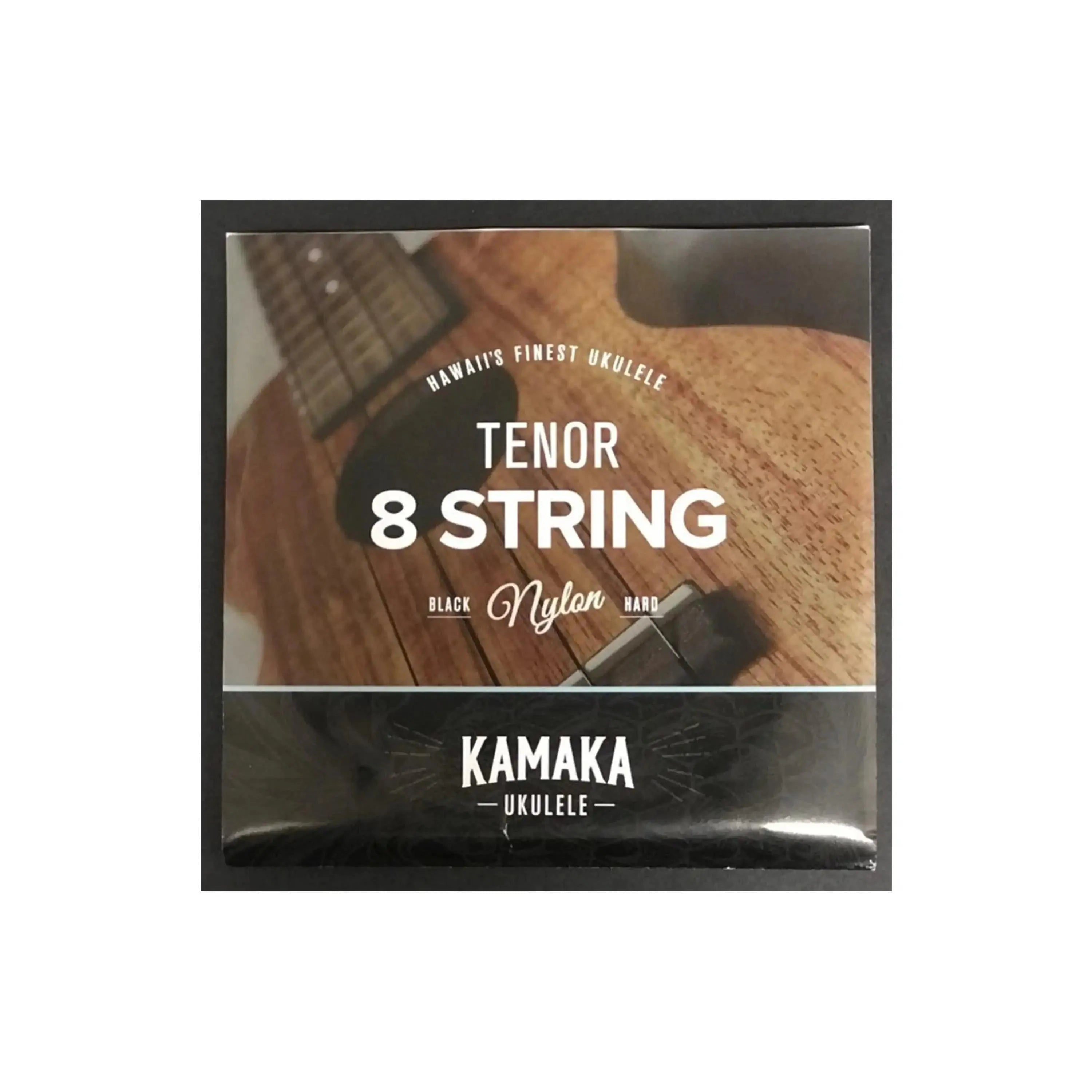 Kamaka 8-String Tenor Ukulele Strings in black nylon packaging with a ukulele background.