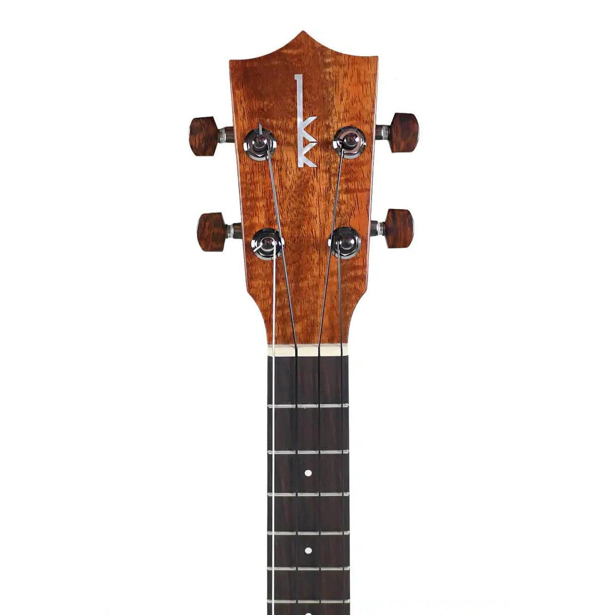 Kamaka HB-3 bell-shaped tenor ukulele headstock front with koa face, inlaid logo, tuners and rosewood fretboard with dot markers