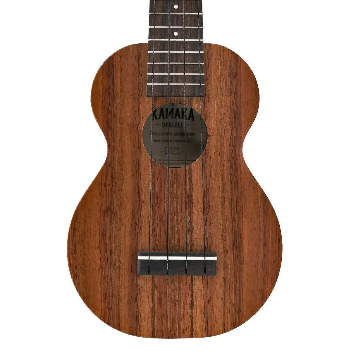 Kamaka HF-1 soprano ukulele body front showing solid Hawaiian koa top, soundhole with Kamaka label and rosewood bridge