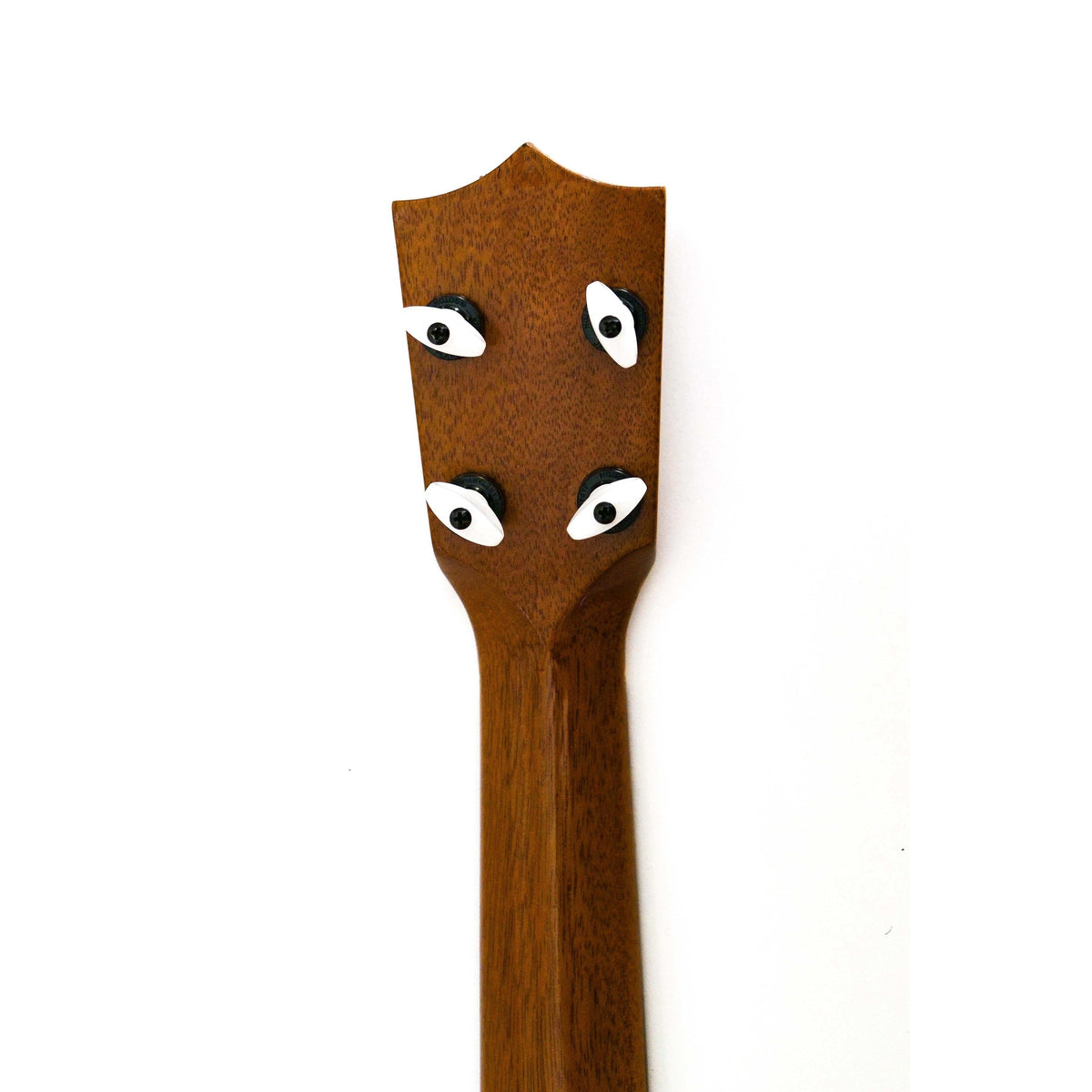 Pre-owned Kamaka HF-1 soprano ukulele headstock back showing the Honduran mahogany neck and tuners with ivoroid buttons